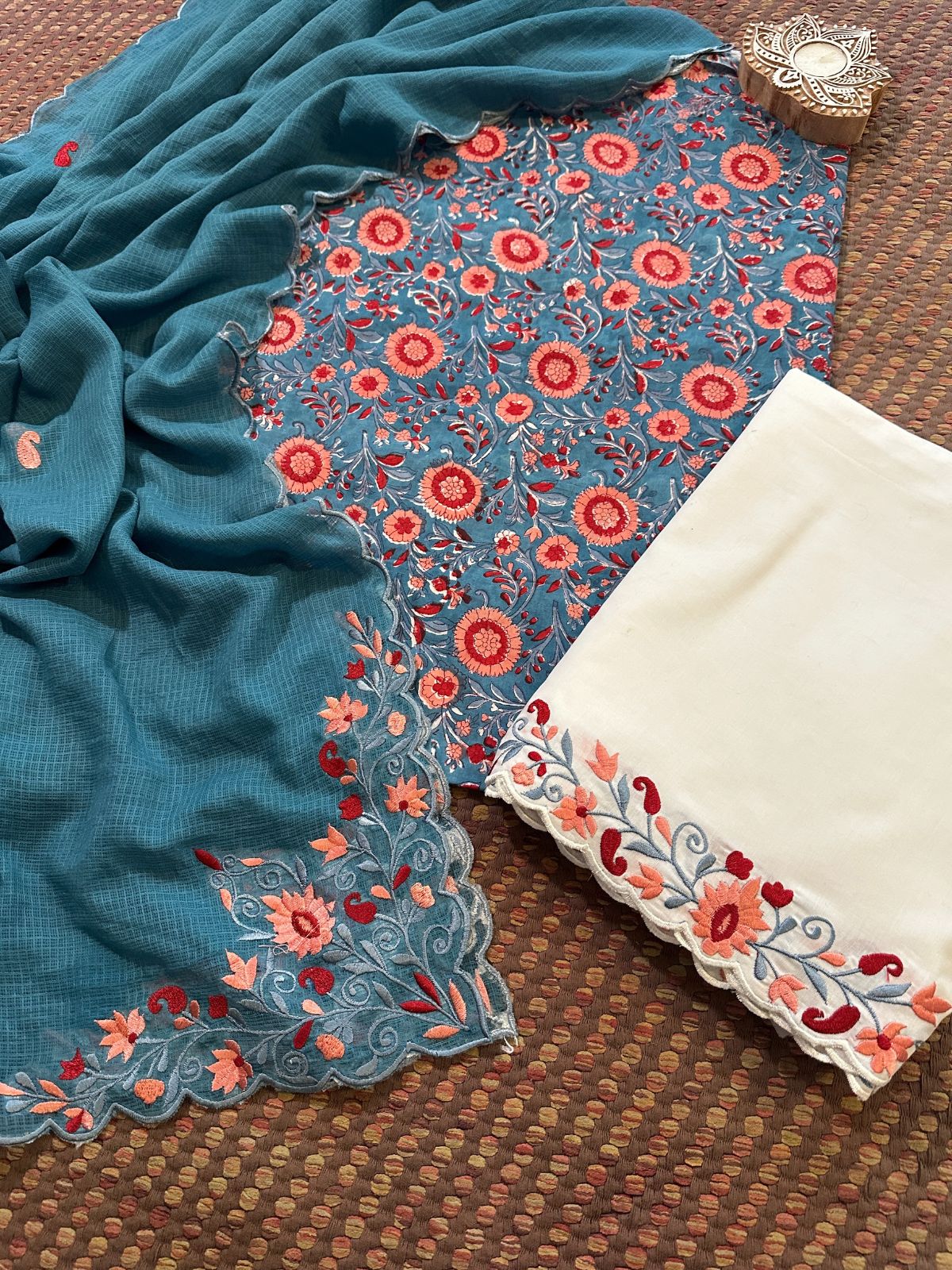 Pure Cotton Hand-block Fabric with Embroidered Bottom & Kota Doria Dupatta