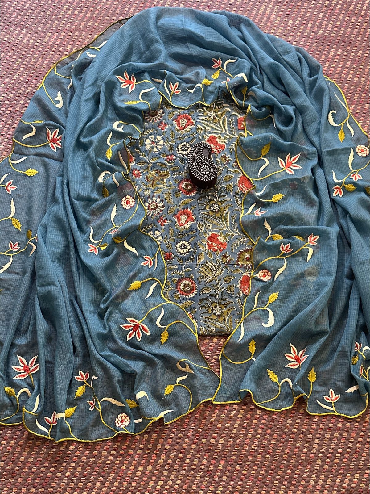 Pure Cotton Hand-blocked Fabric with Embroidered Dupatta
