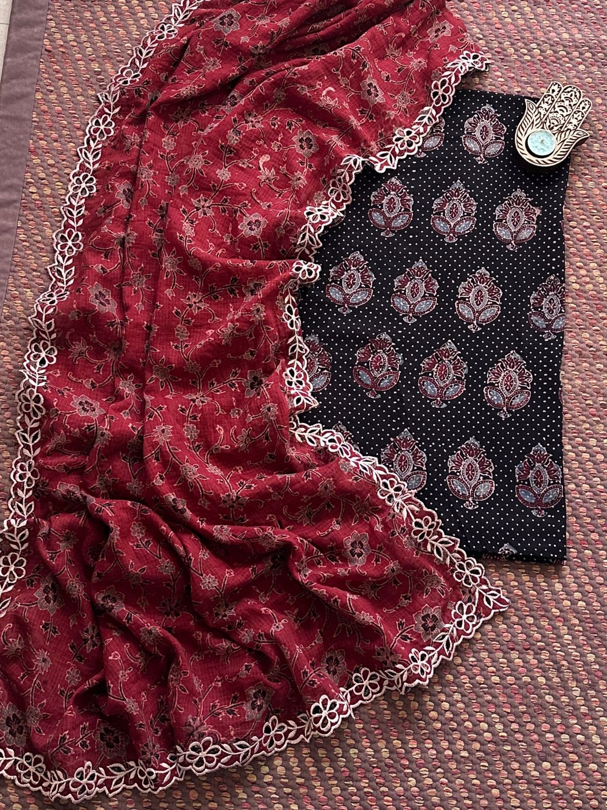 Pure Cotton Malmal Handblock Fabric in Ajrak with Cutwork Embroidered Dupatta