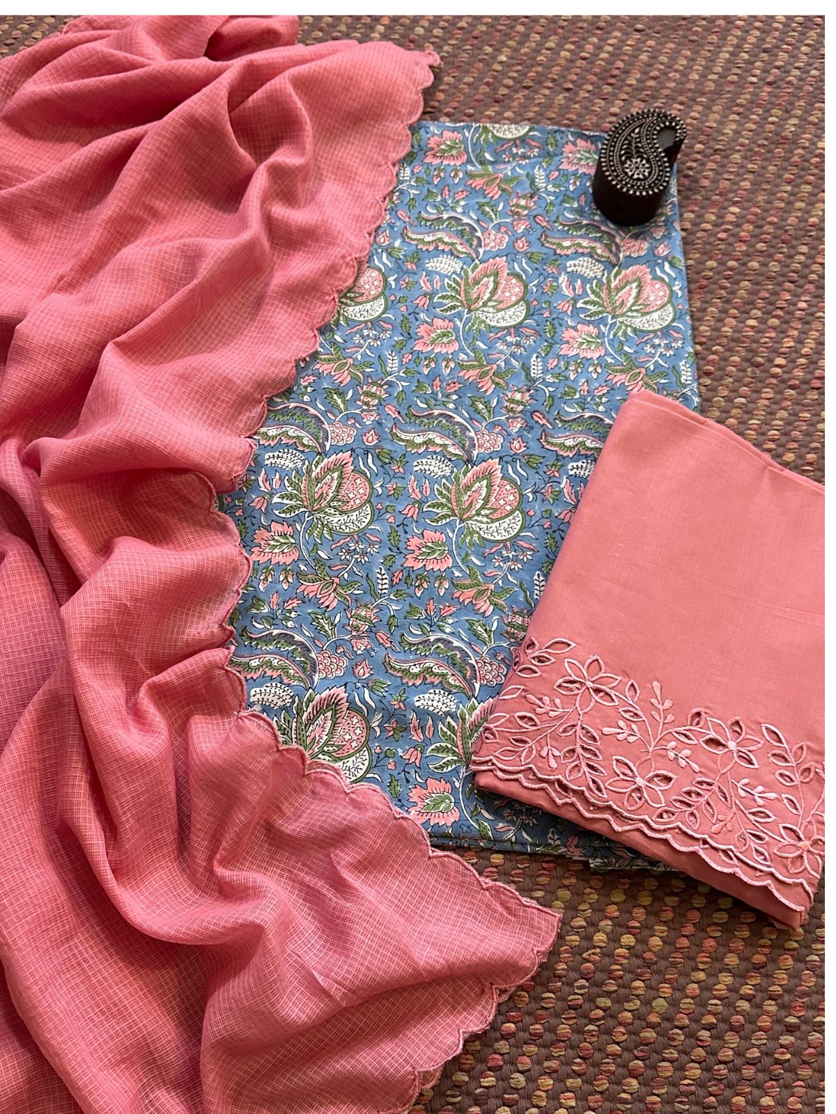 Pure Cotton Hand-blocked Fabric with Cutwork Bottom & Kota Doria Dupatta
