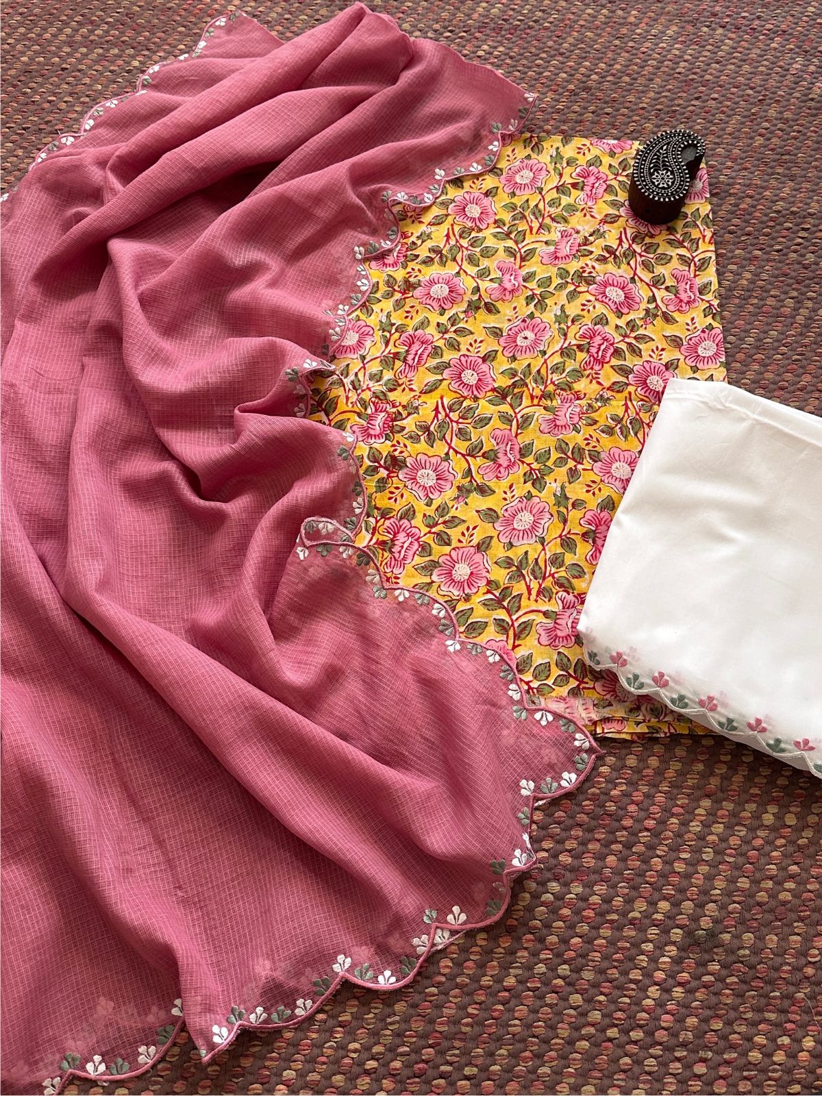 Pure Cotton Hand-block Fabric with Exclusive Embroidered Bottom & Kota Doria Dupatta