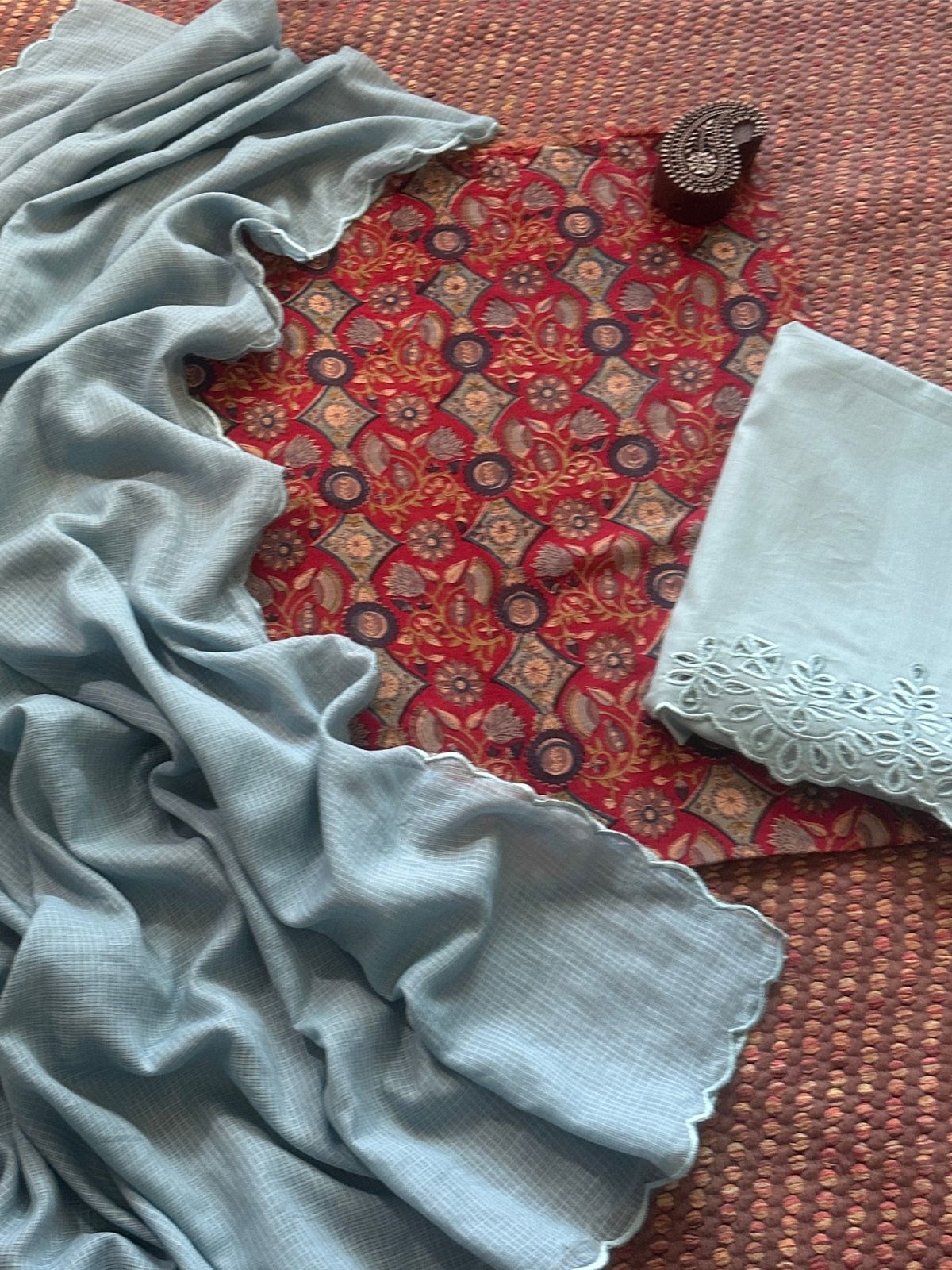 Pure Cotton Malmal Hand-blocked Fabric with Cutwork Bottom & Kota Doria Dupatta