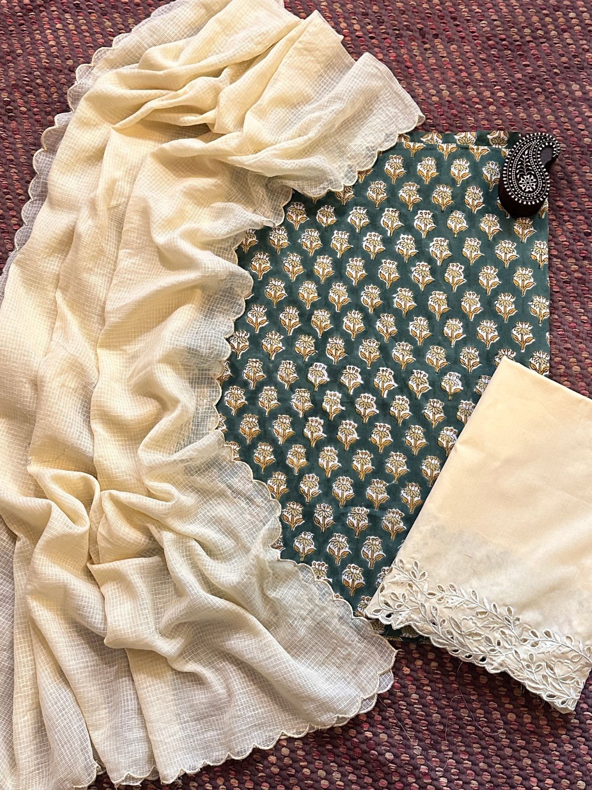 Pure Cotton Hand-blocked Fabric with Cutwork Bottom & Kota Doria Dupatta