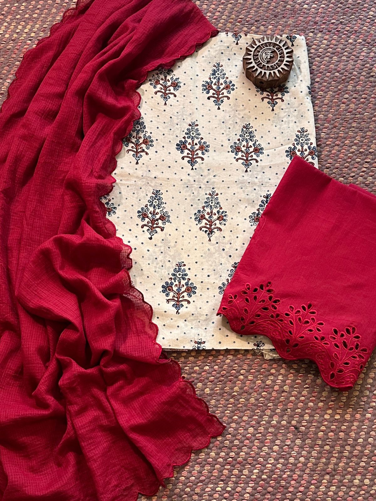 Pure Cotton Malmal  Ajrakh Fabric with Exclusive Cutwork Bottom & Kota Doria Dupatta
