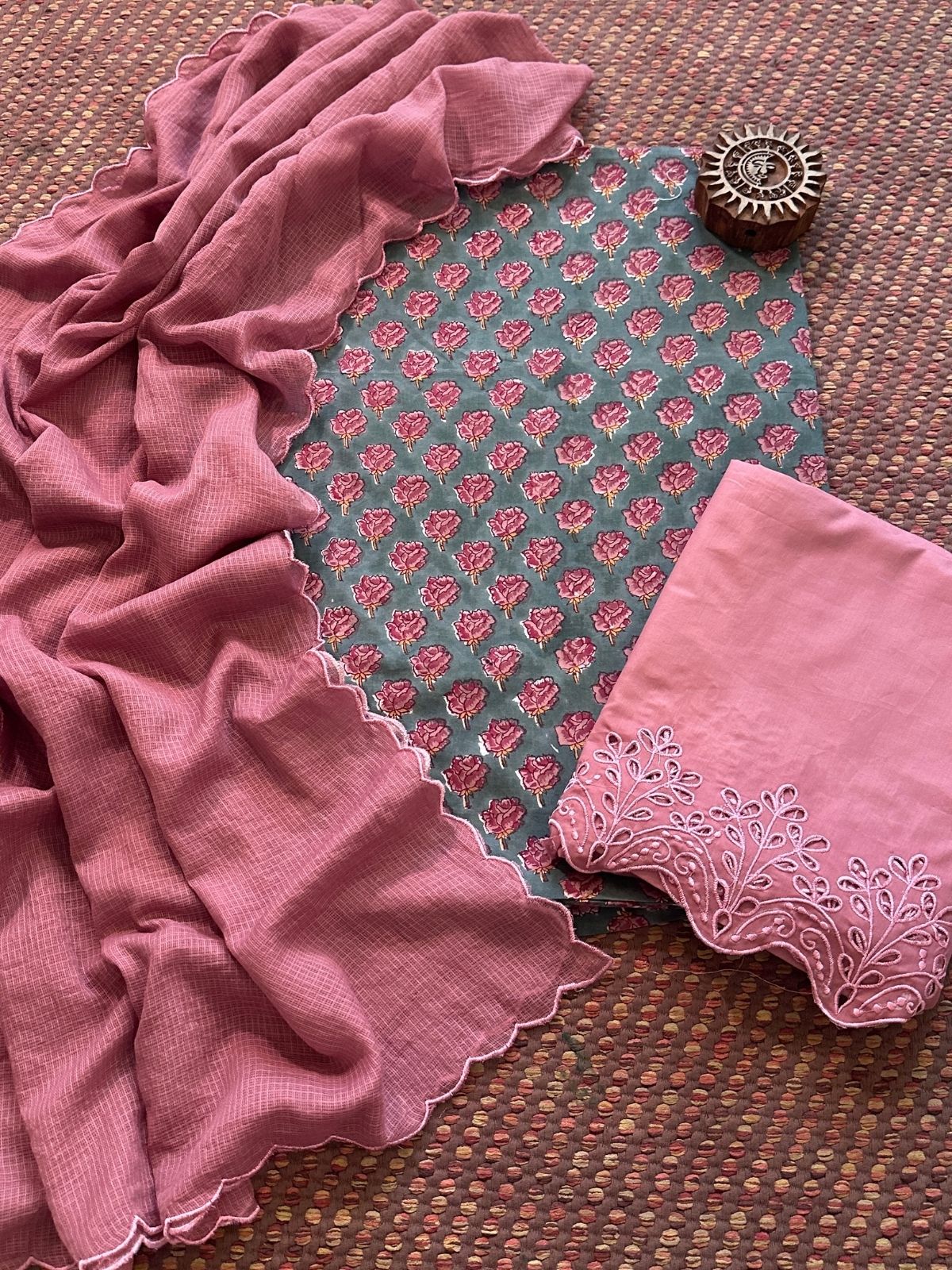 Pure Cotton Hand-blocked Fabric with Cutwork Bottom & Kota Doria Dupatta