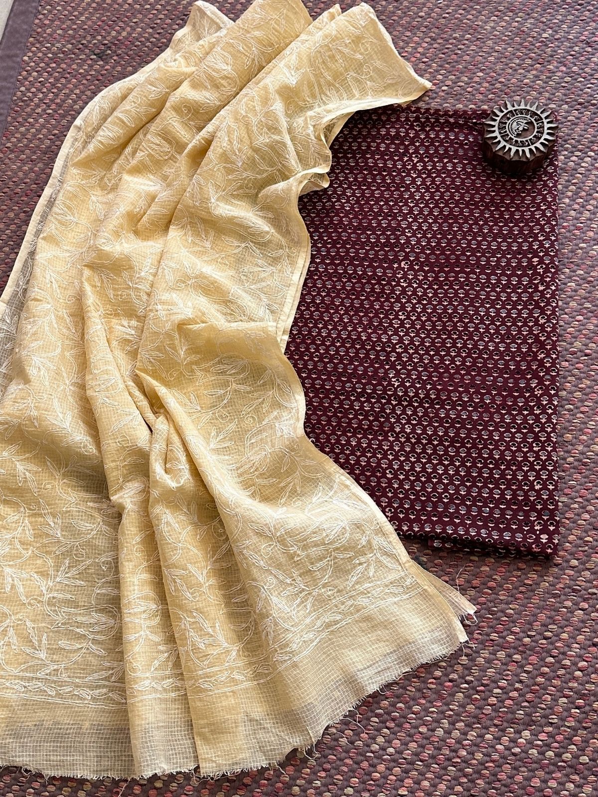 Ajrakh Handblocked Cotton Malmal Fabric with Chikankari Kota Dupatta Unstitched Set