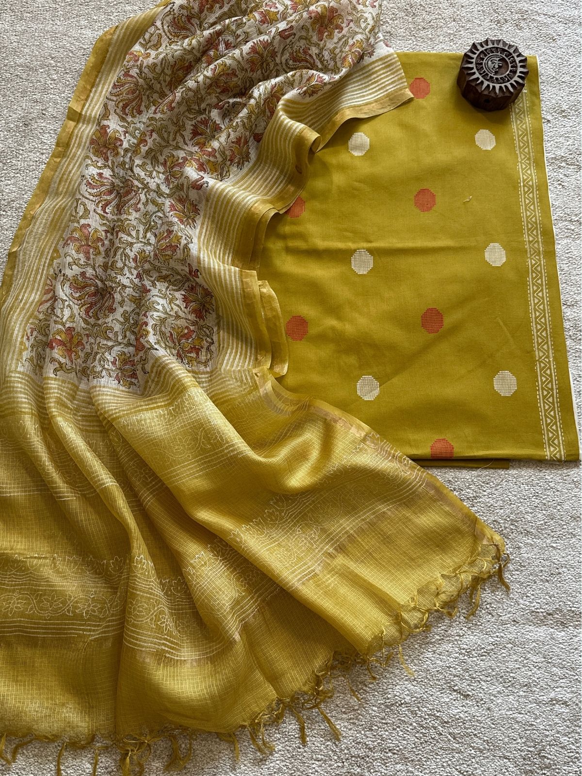 Pure Cotton Hand Woven Fabric with Kota Silk Handblocked dupatta.