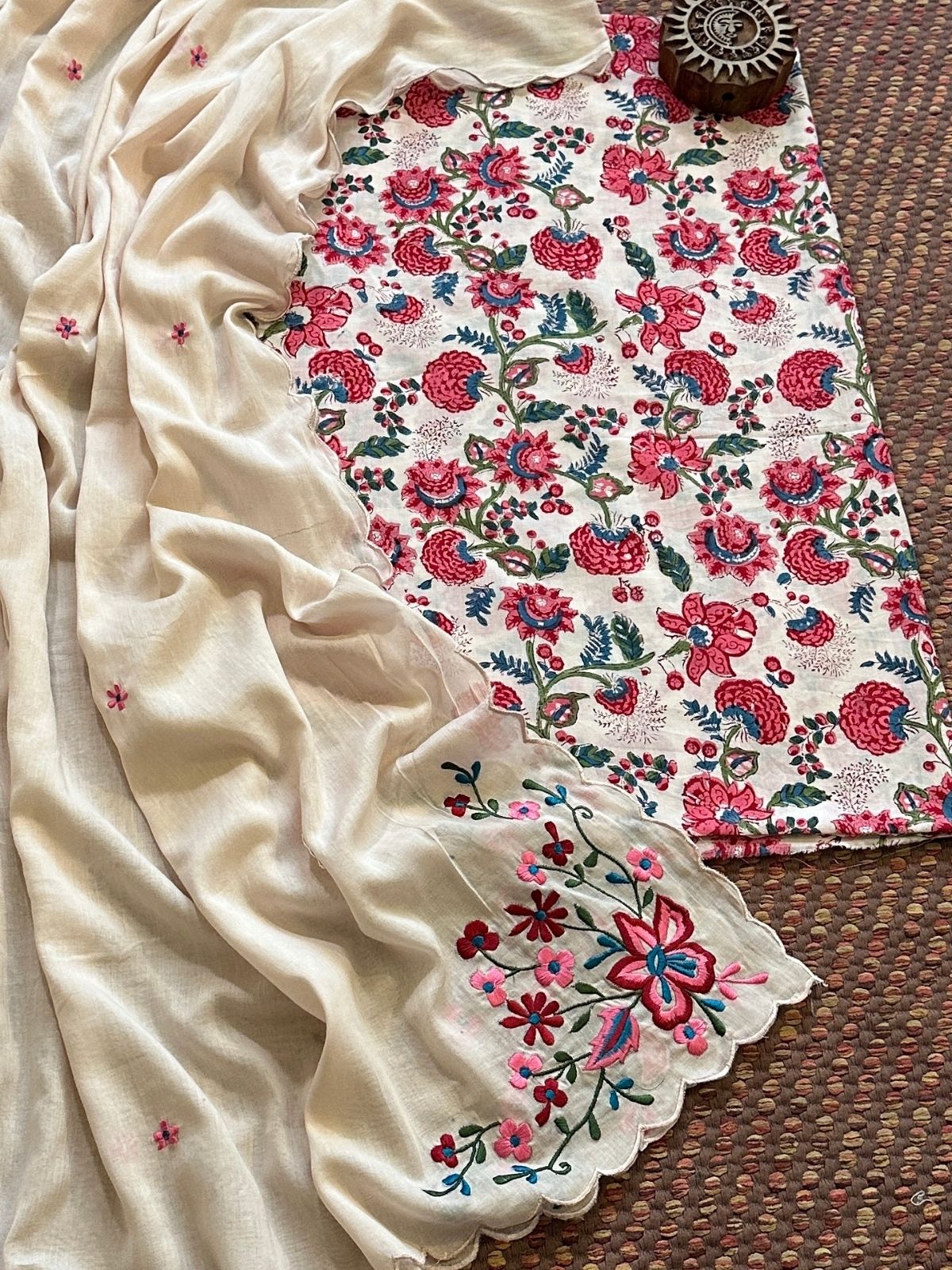 Pure Cotton Handblocked Fabric with Malmal Embroidered Dupatta.