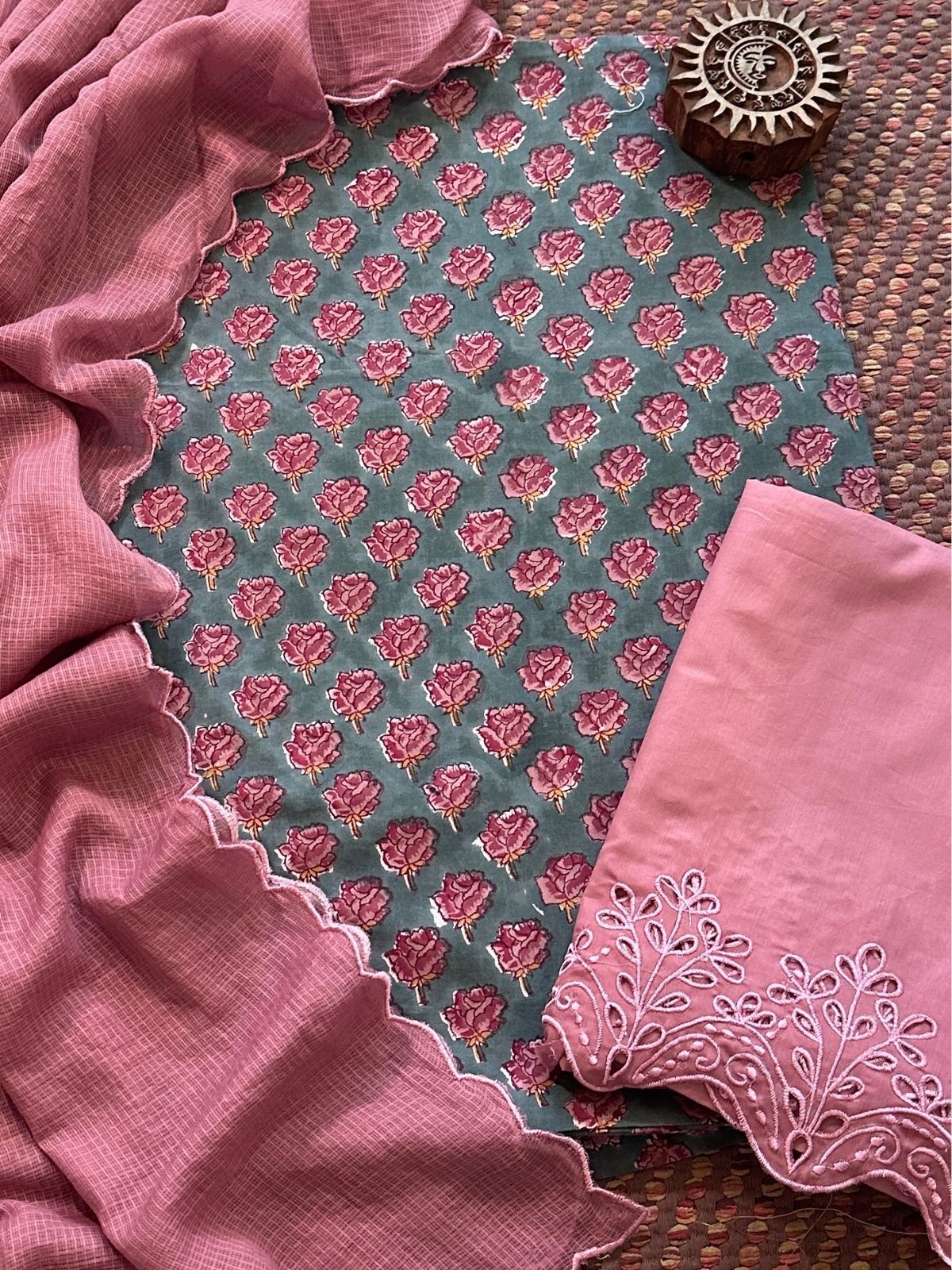 Pure Cotton Hand-blocked Fabric with Cutwork Bottom & Kota Doria Dupatta