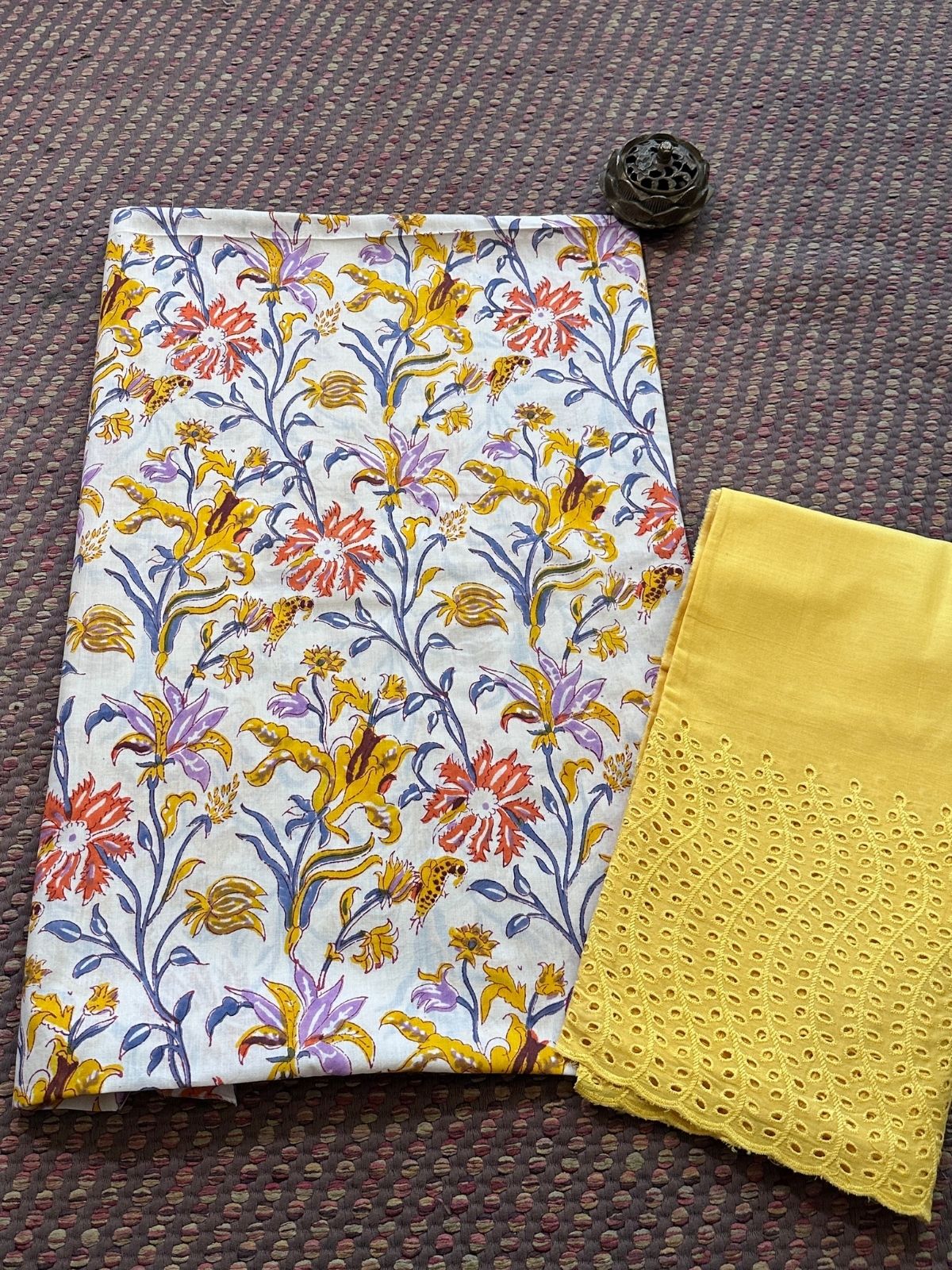 Pure Cotton Handblocked Unstitched Set- Top & Bottom