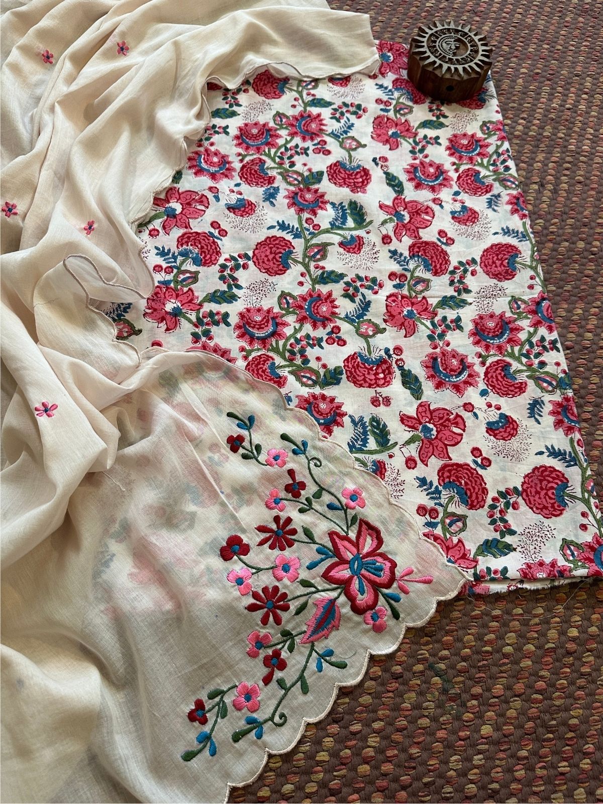 Pure Cotton Handblocked Fabric with Malmal Embroidered Dupatta.