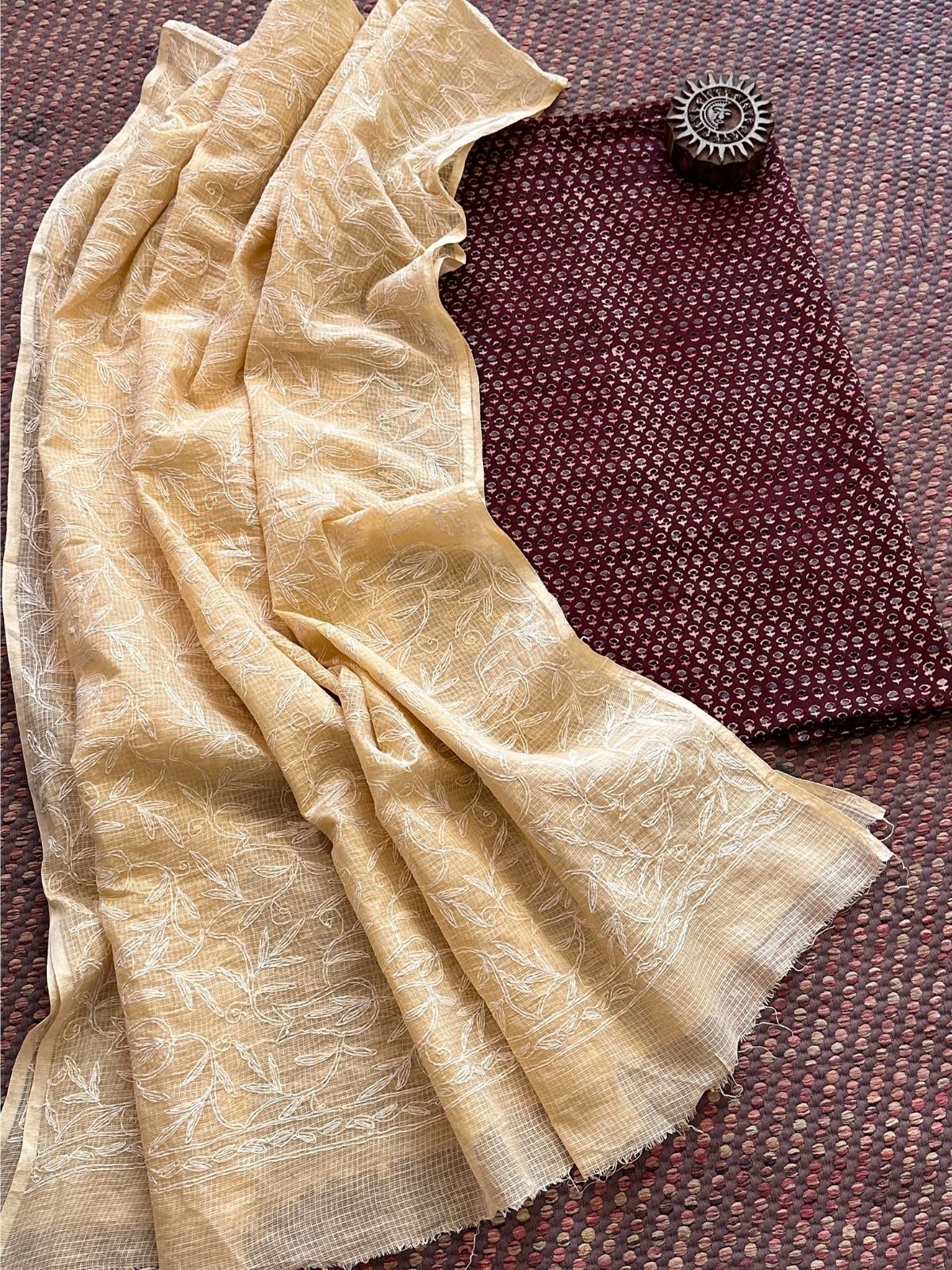 Ajrakh Handblocked Cotton Malmal Fabric with Chikankari Kota Dupatta Unstitched Set