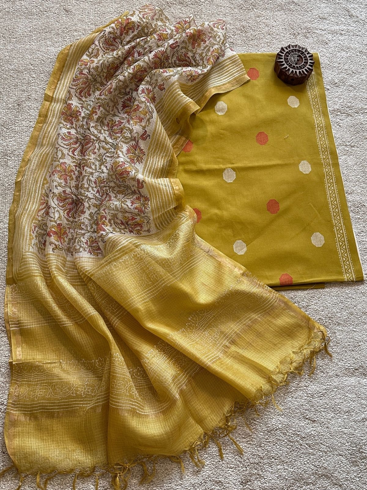 Pure Cotton Hand Woven Fabric with Kota Silk Handblocked dupatta.