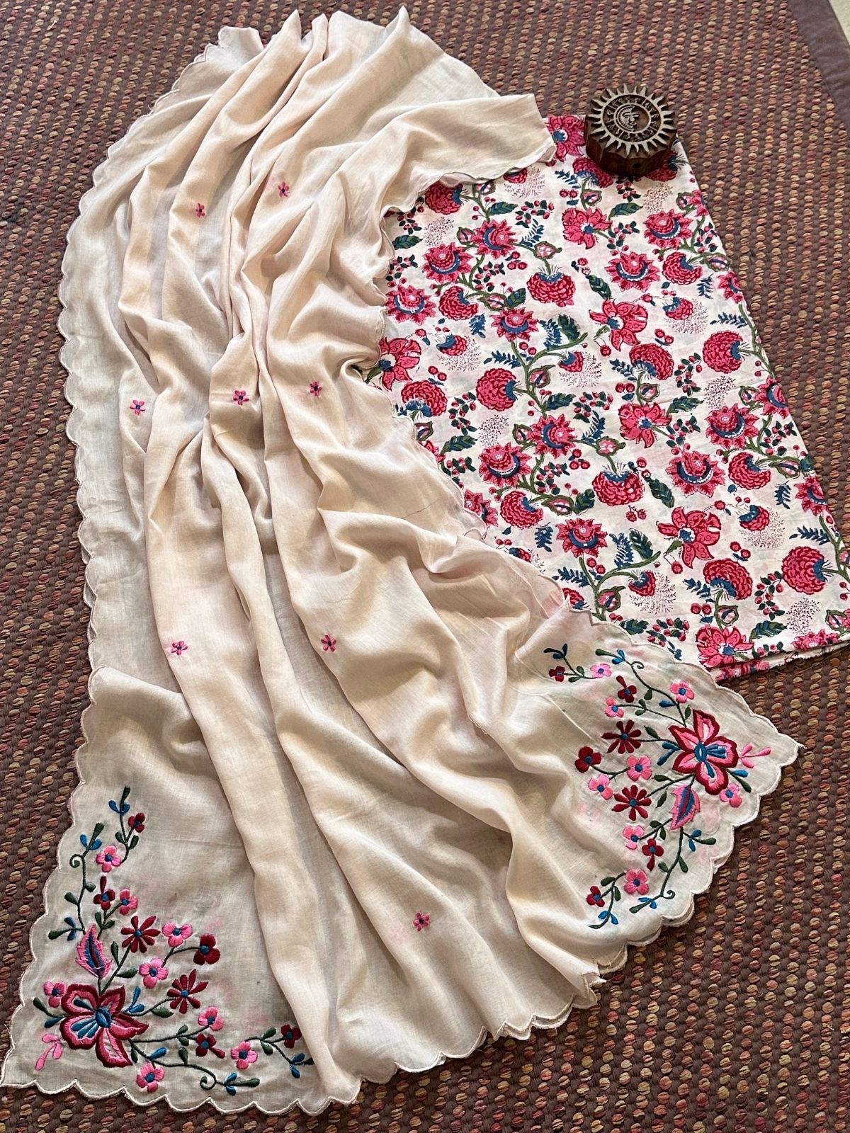 Pure Cotton Handblocked Fabric with Malmal Embroidered Dupatta.