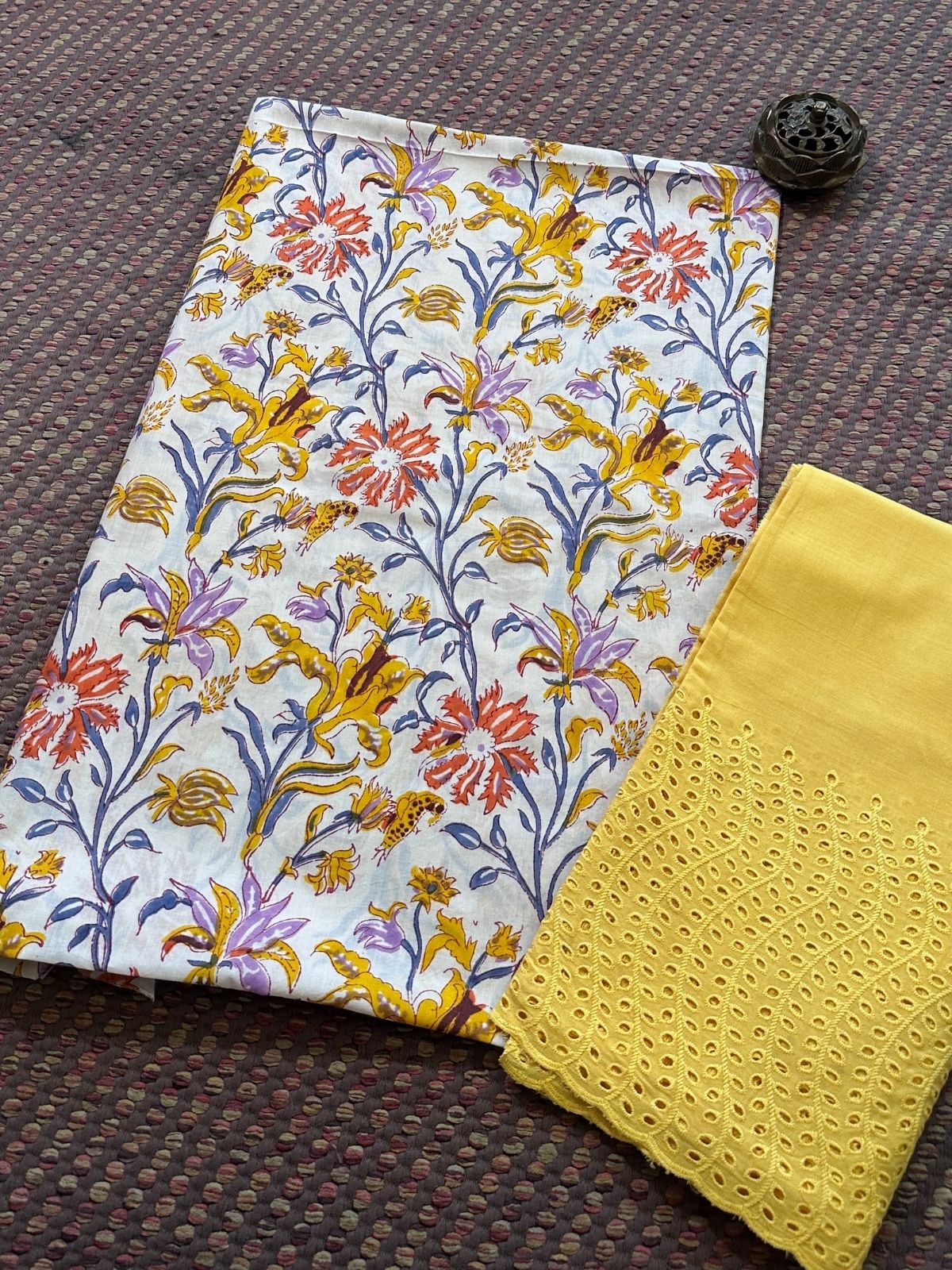 Pure Cotton Handblocked Unstitched Set- Top & Bottom