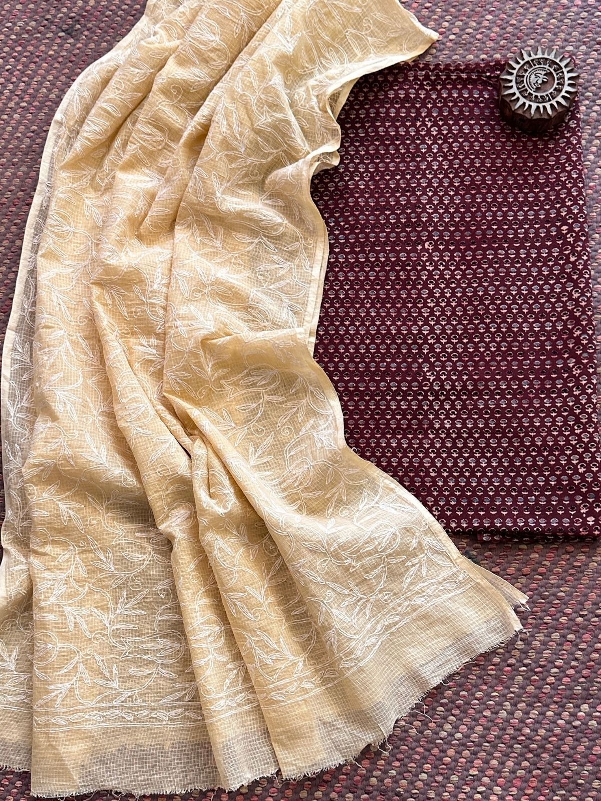 Ajrakh Handblocked Cotton Malmal Fabric with Chikankari Kota Dupatta Unstitched Set