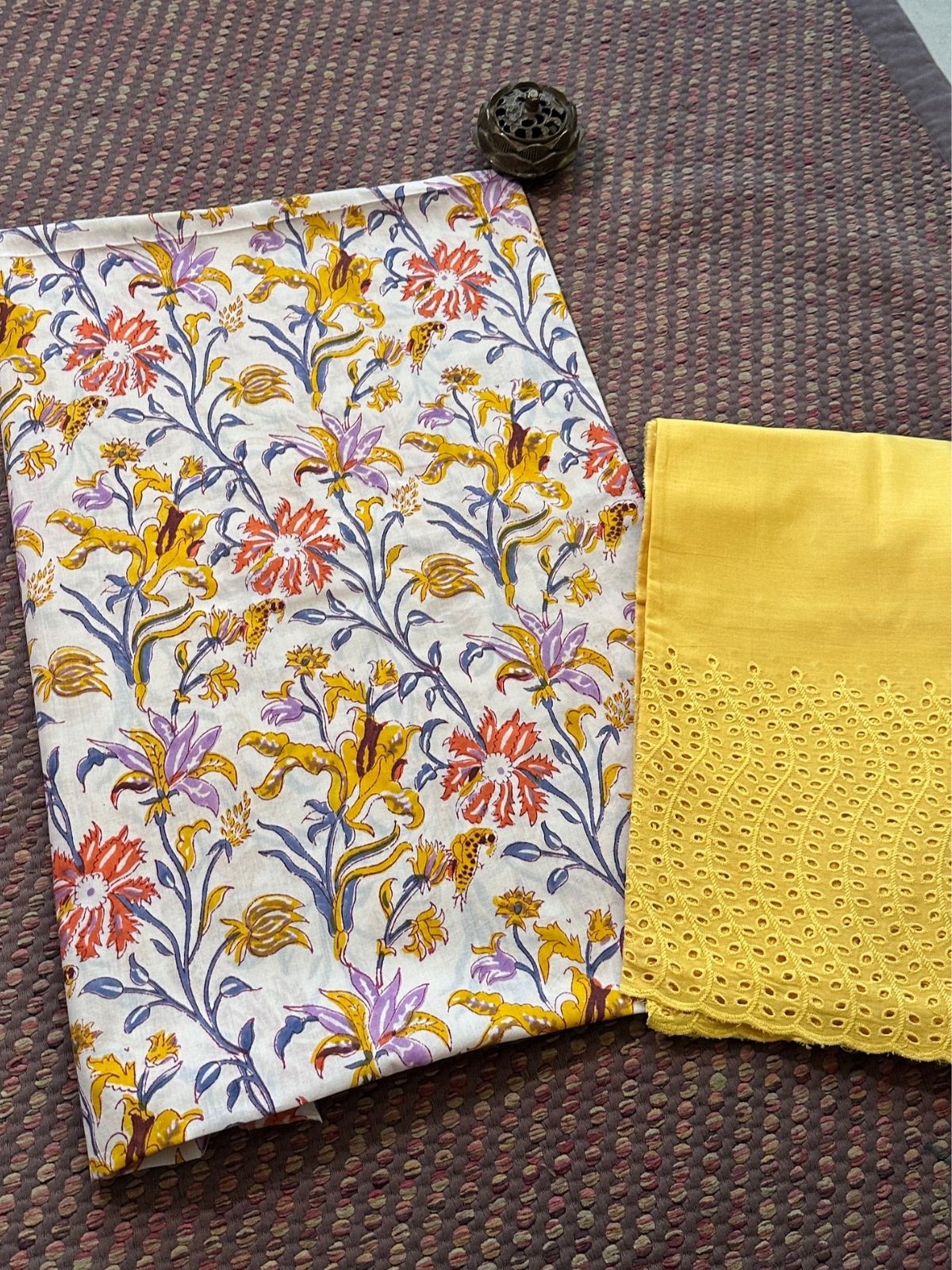 Pure Cotton Handblocked Unstitched Set- Top & Bottom