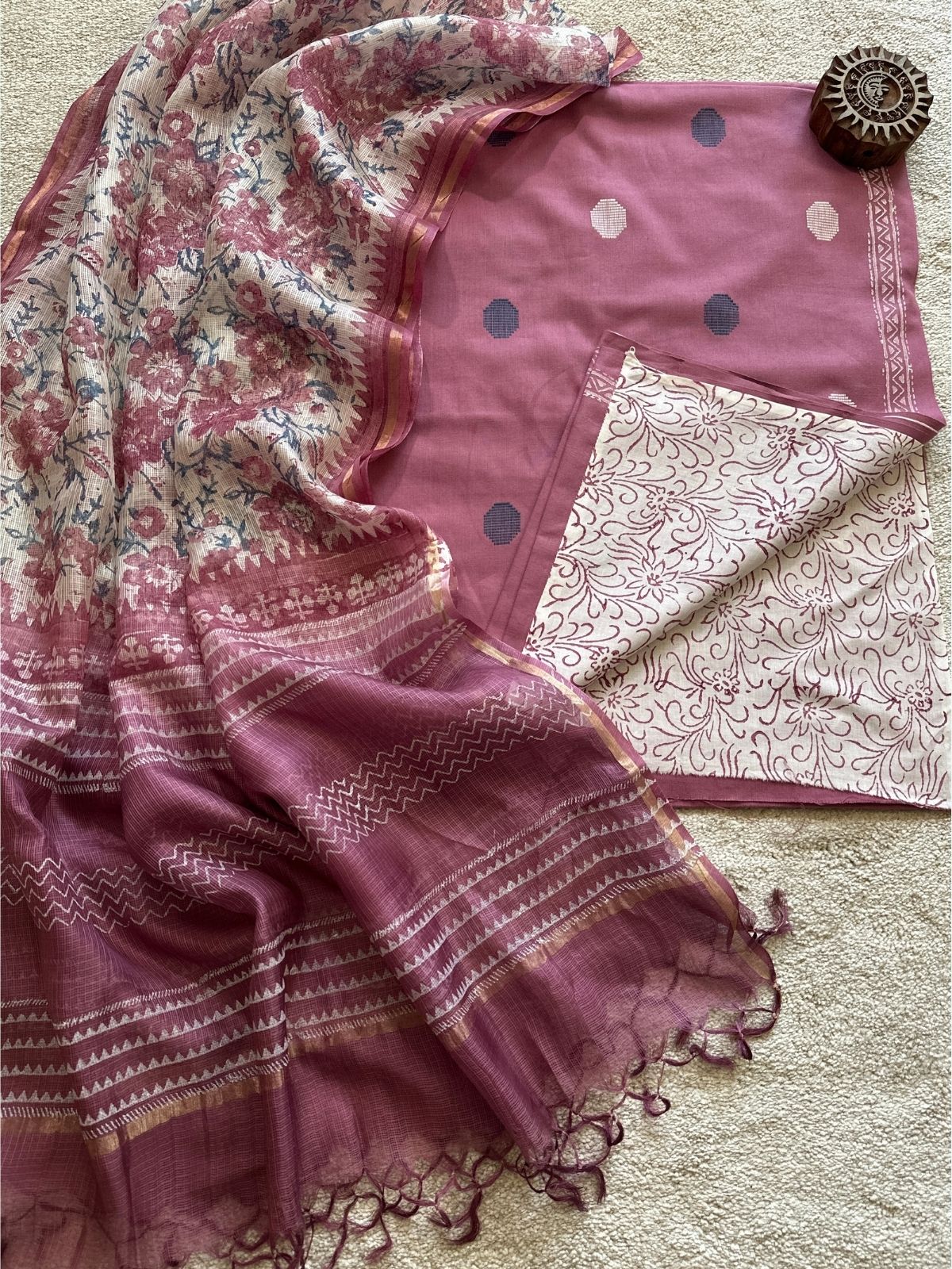 Pure Cotton Hand Woven Fabric with Kota Silk Handblocked dupatta.