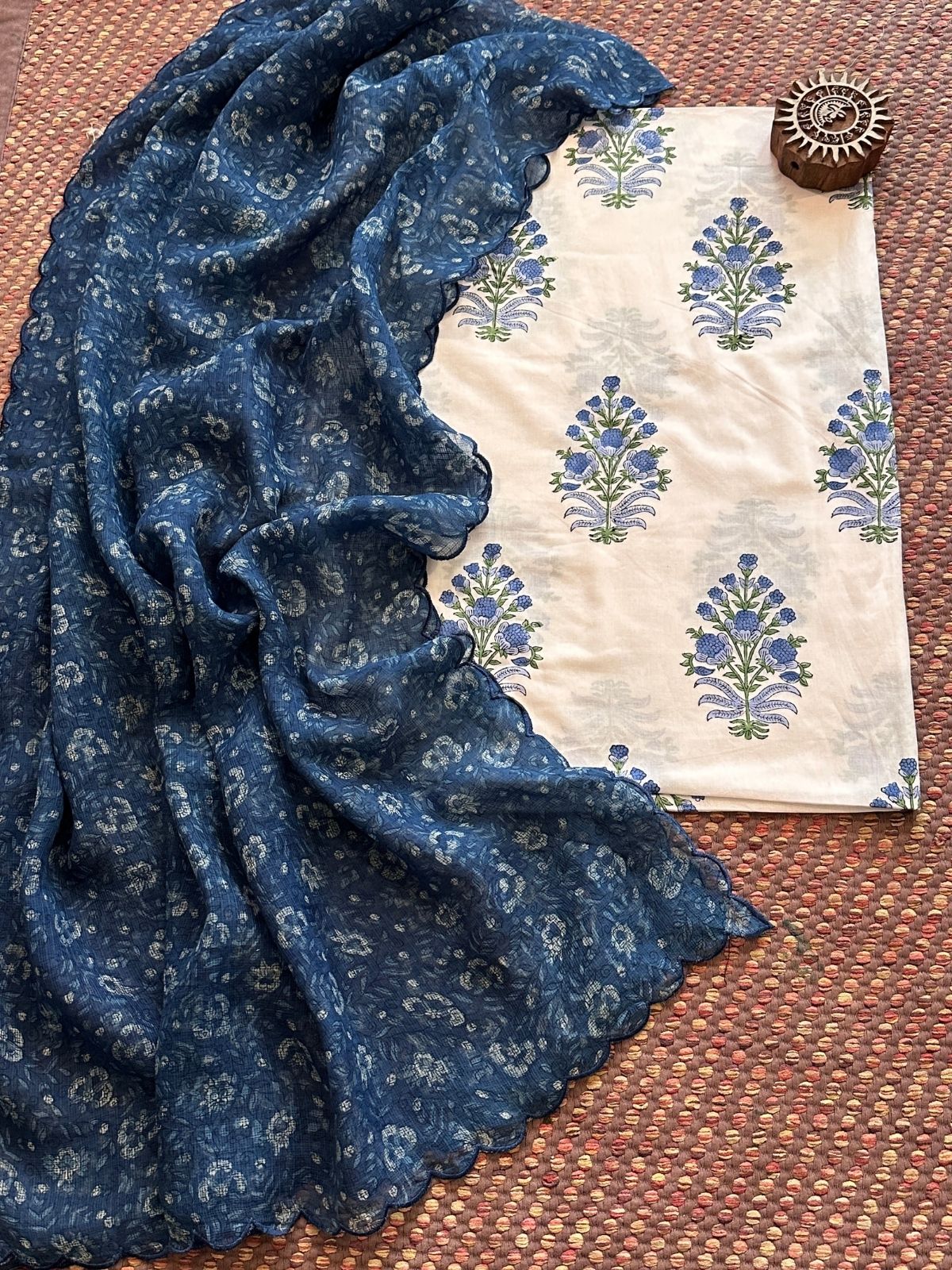Pure Cotton Hand-blocked Fabric with Kota Doria Dupatta Set