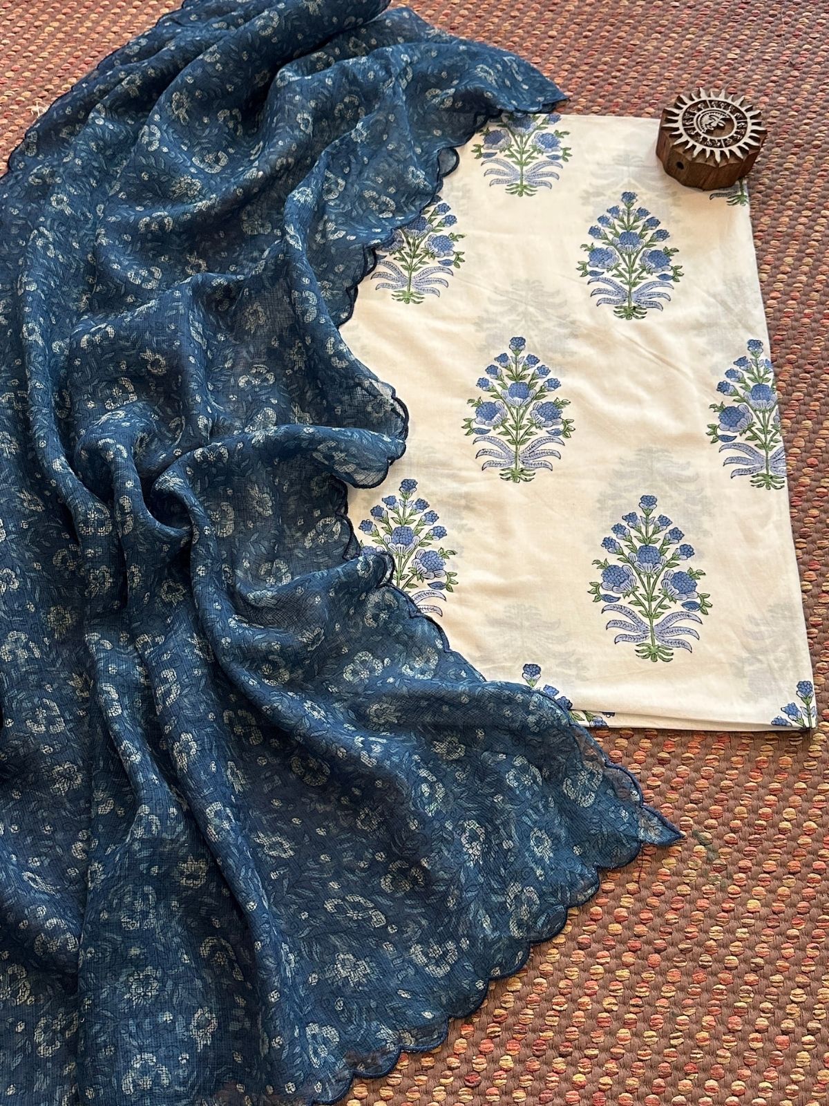 Pure Cotton Hand-blocked Fabric with Kota Doria Dupatta Set
