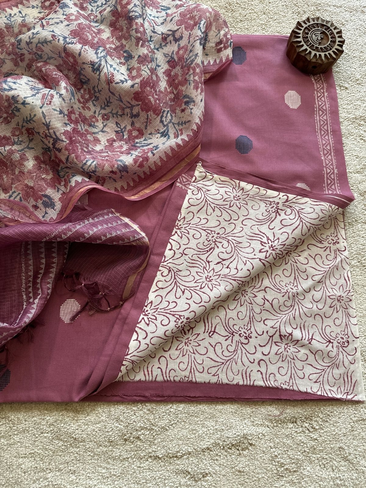 Pure Cotton Hand Woven Fabric with Kota Silk Handblocked dupatta.