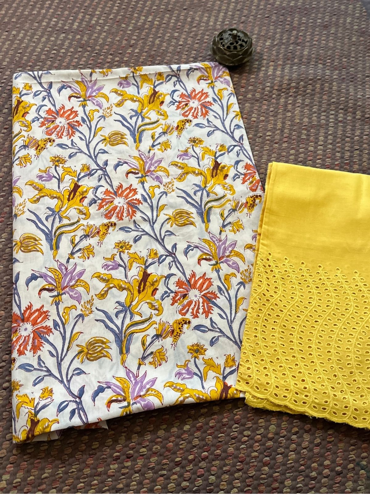 Pure Cotton Handblocked Unstitched Set- Top & Bottom