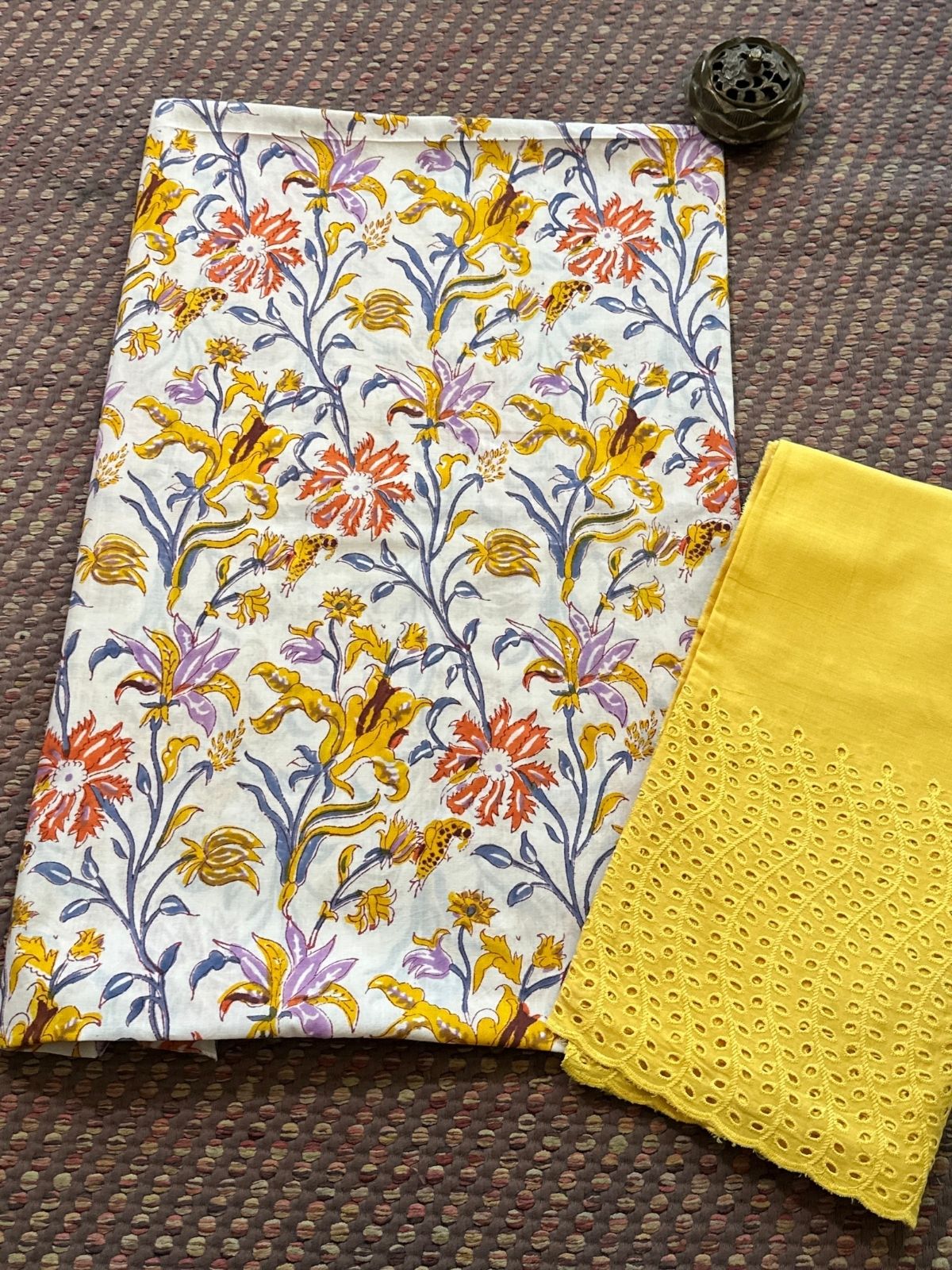 Pure Cotton Handblocked Unstitched Set- Top & Bottom