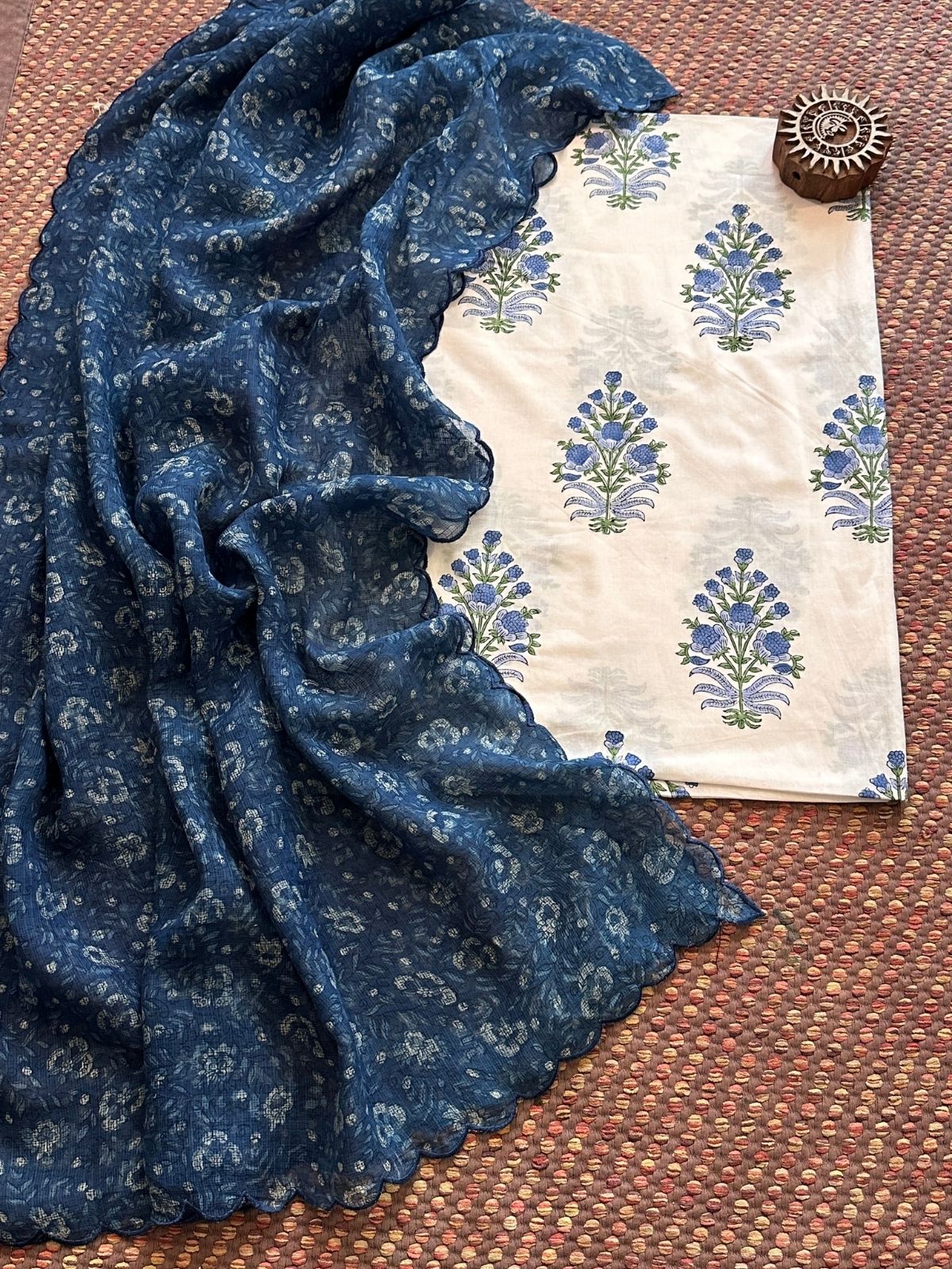 Pure Cotton Hand-blocked Fabric with Kota Doria Dupatta Set