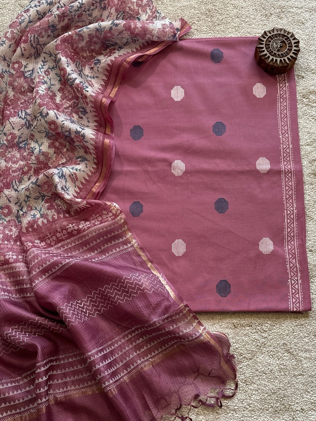 Pure Cotton Hand Woven Fabric with Kota Silk Handblocked dupatta.
