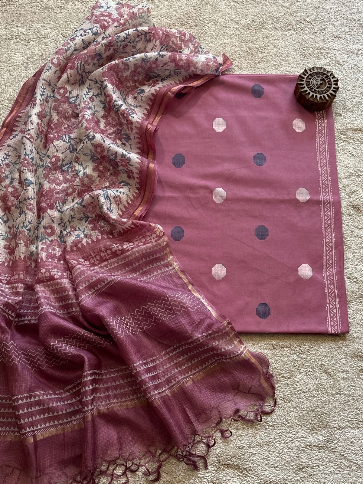 Pure Cotton Hand Woven Fabric with Kota Silk Handblocked dupatta.