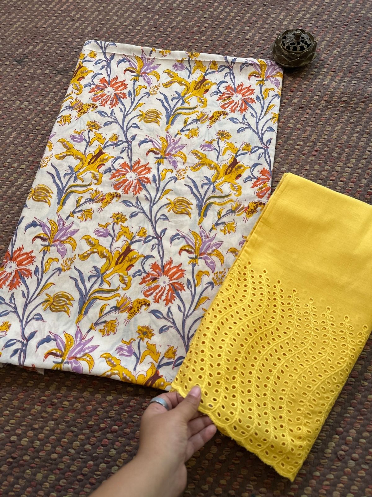 Pure Cotton Handblocked Unstitched Set- Top & Bottom