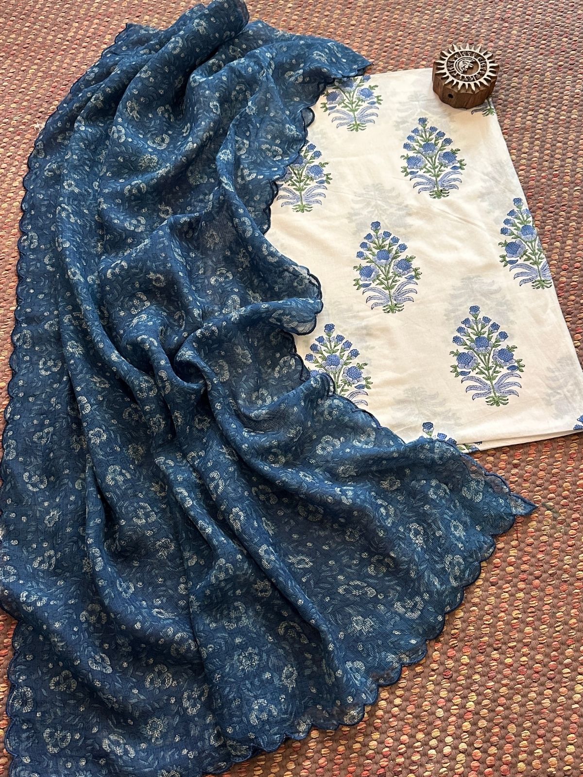 Pure Cotton Hand-blocked Fabric with Kota Doria Dupatta Set