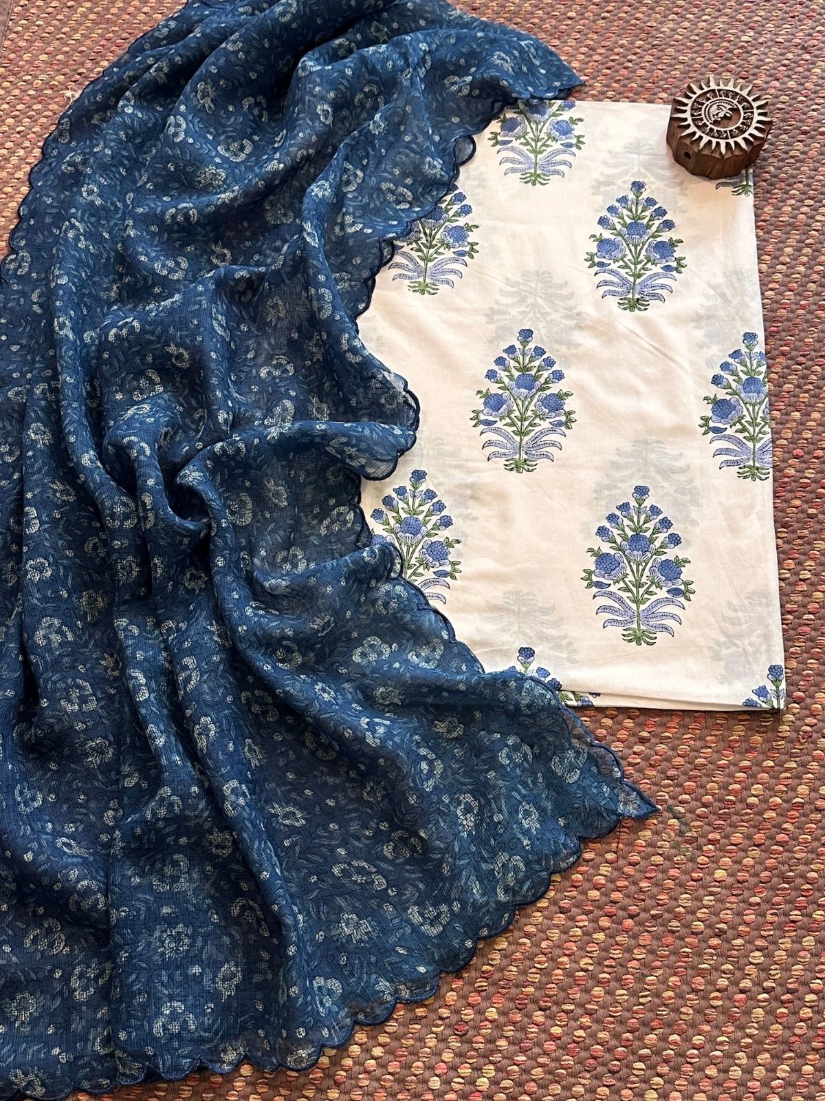 Pure Cotton Hand-blocked Fabric with Kota Doria Dupatta Set