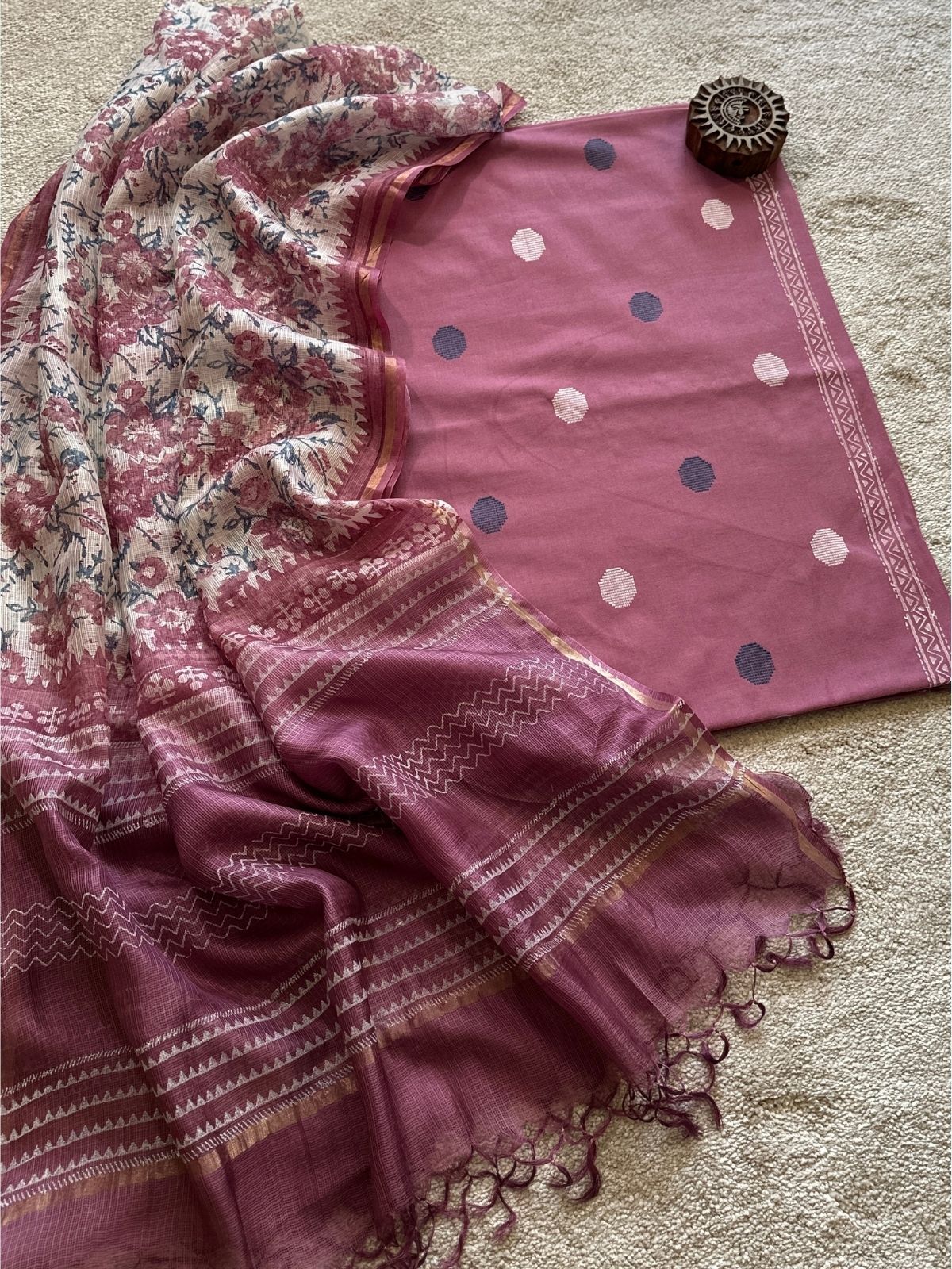 Pure Cotton Hand Woven Fabric with Kota Silk Handblocked dupatta.