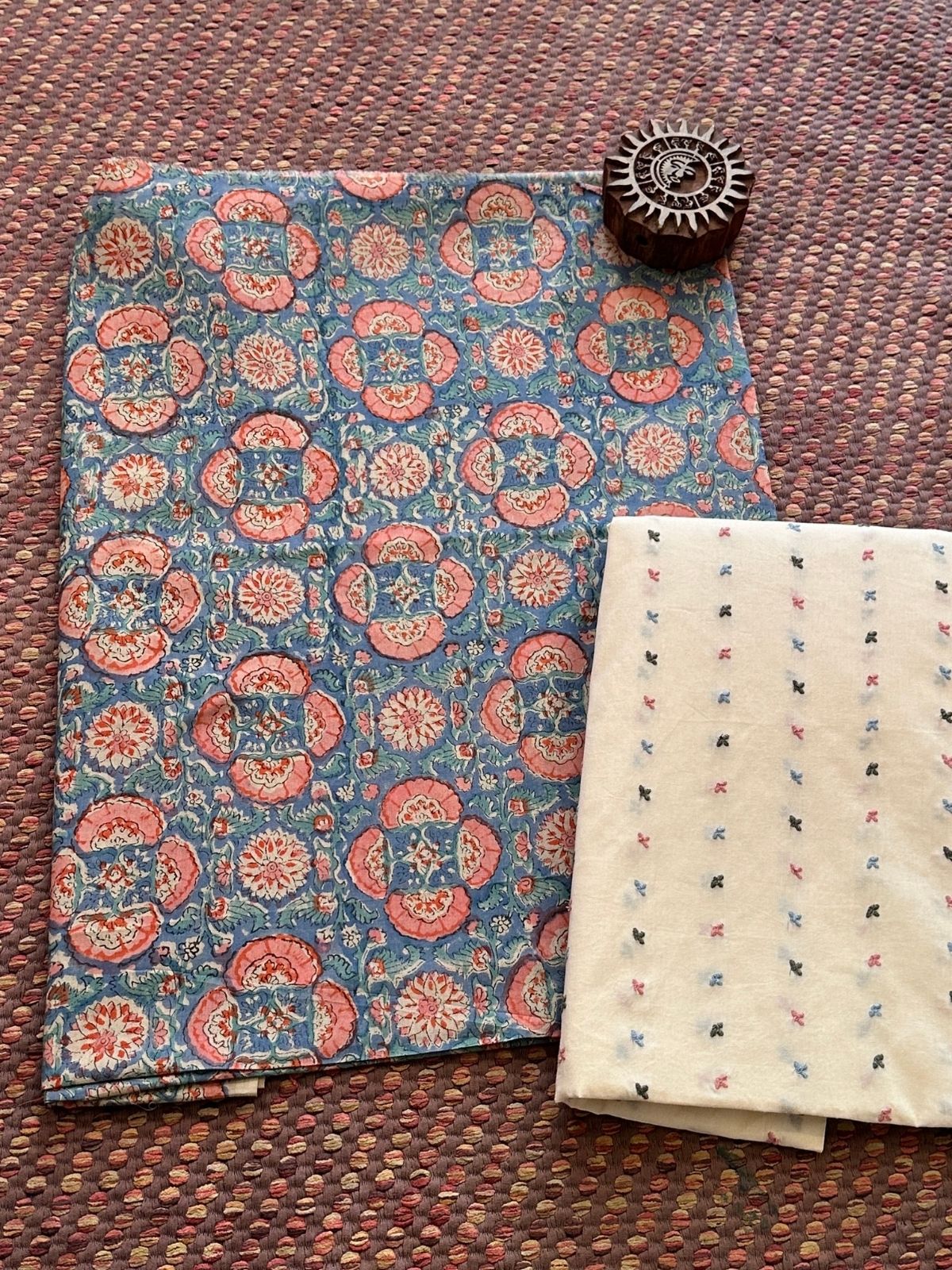 Pure Cotton Malmal Hand-blocked Fabric with Embroidered Bottom
