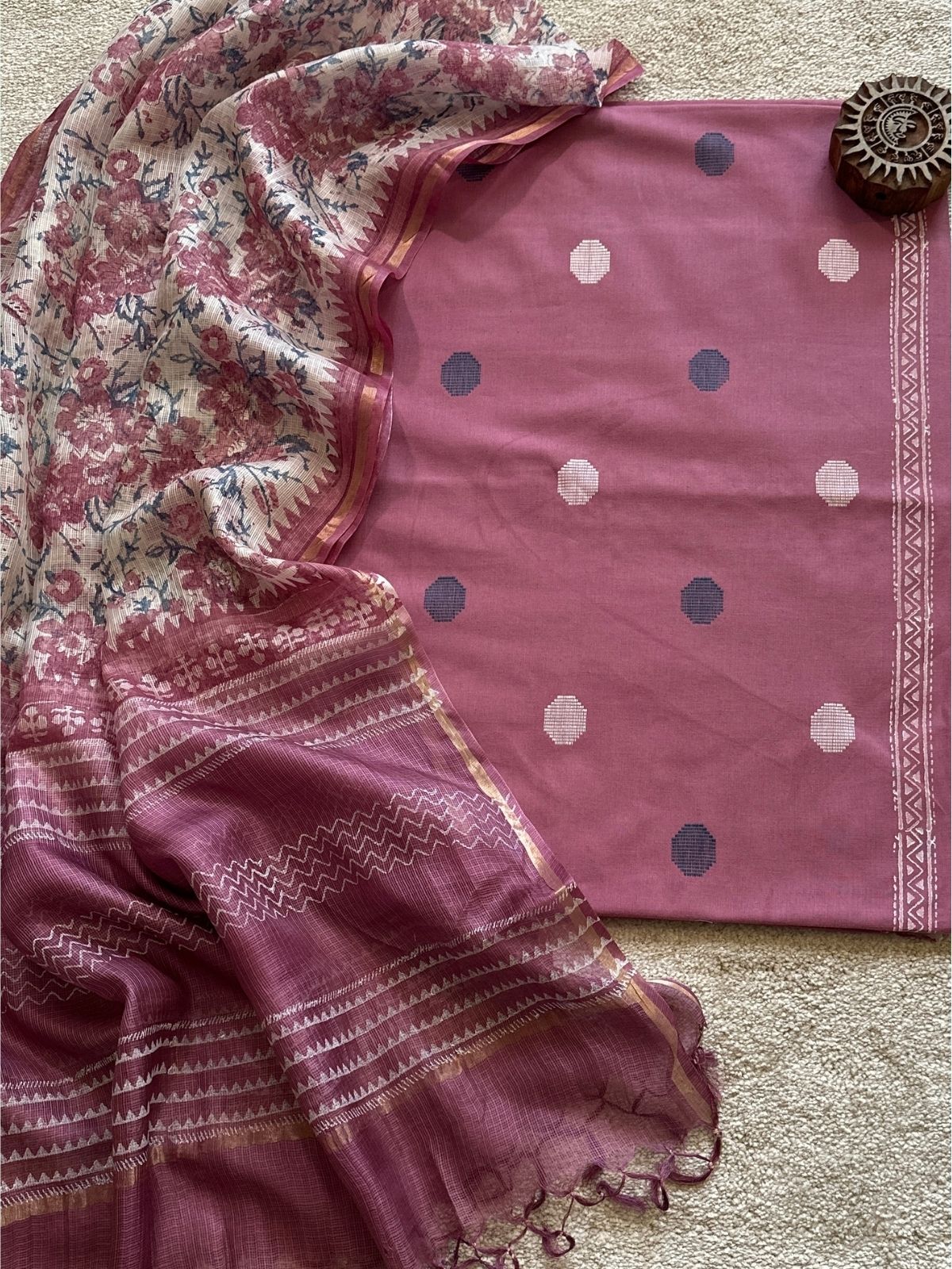 Pure Cotton Hand Woven Fabric with Kota Silk Handblocked dupatta.