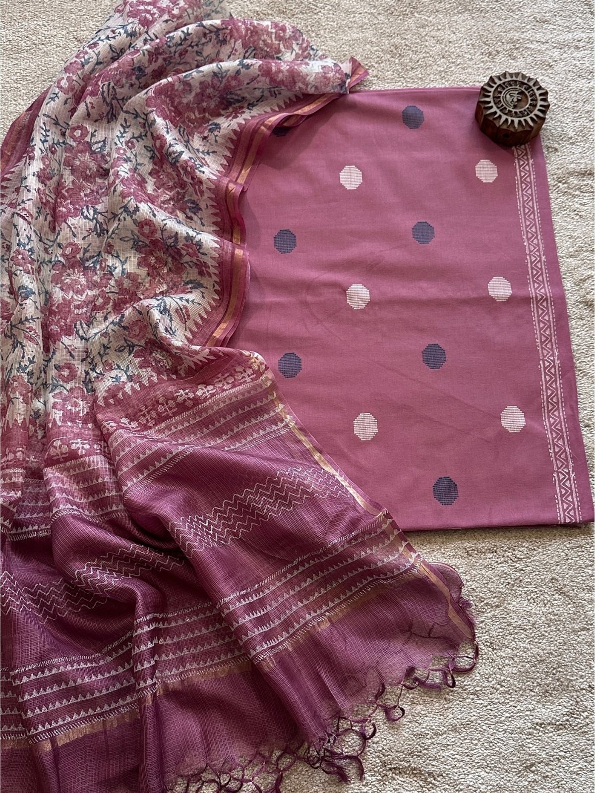 Pure Cotton Hand Woven Fabric with Kota Silk Handblocked dupatta.