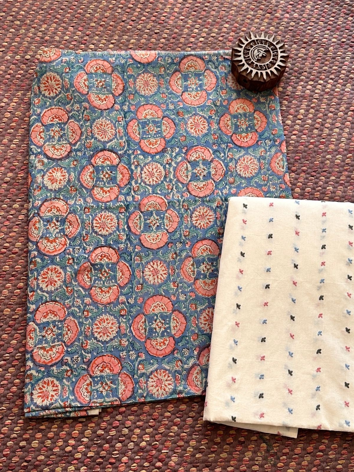 Pure Cotton Malmal Hand-blocked Fabric with Embroidered Bottom