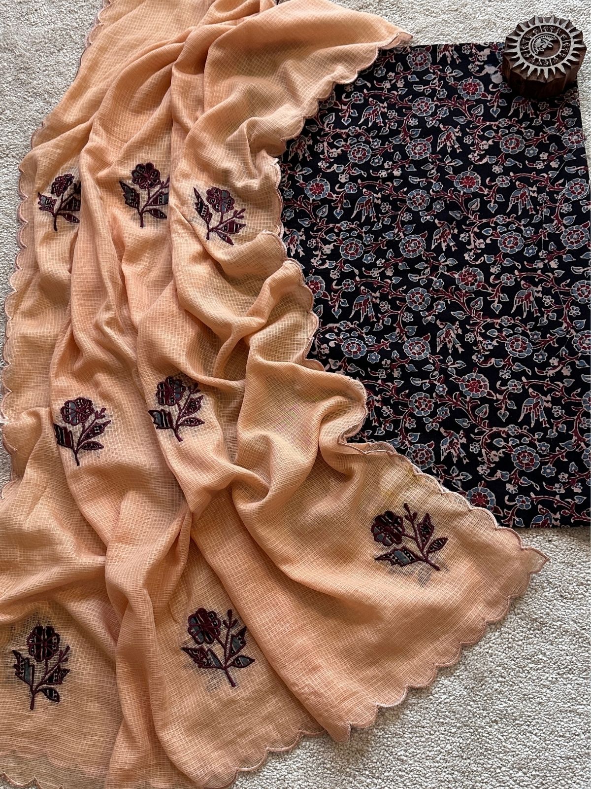 Ajrakh Cotton Malmal Unstitched Fabric with Applique Kota Dupatta