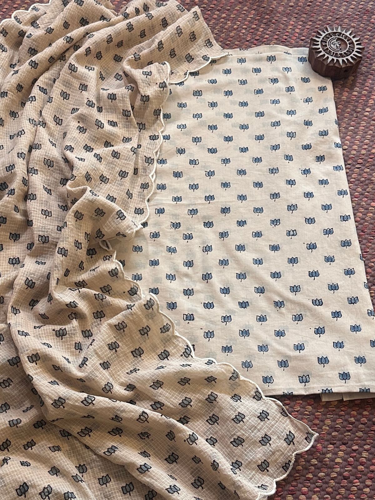 Ajrakh Cotton Malmal Handblocked Set- Top & Dupatta