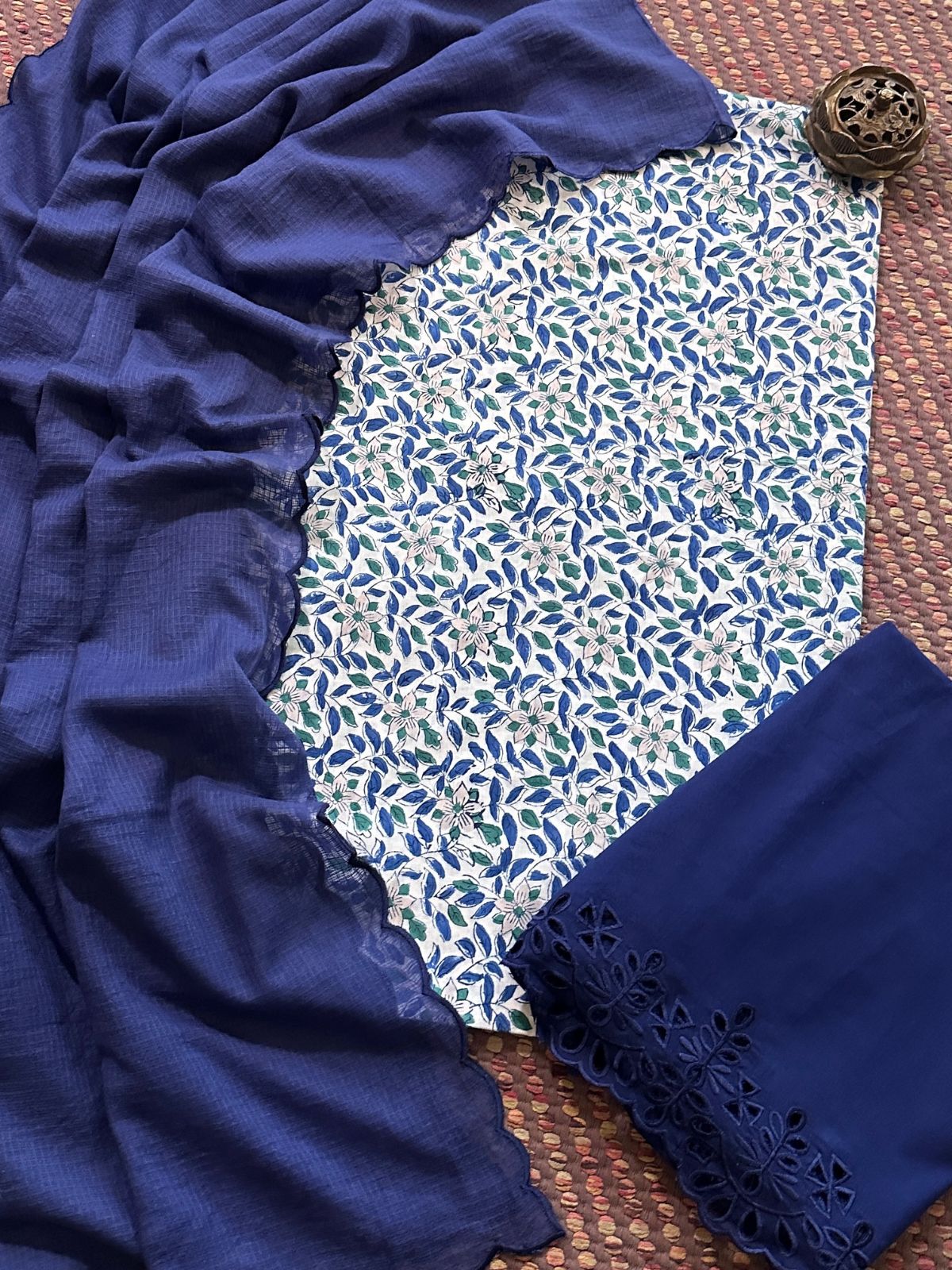 Pure Cotton Hand-blocked Fabric with Cutwork Bottom & Kota Doria Dupatta