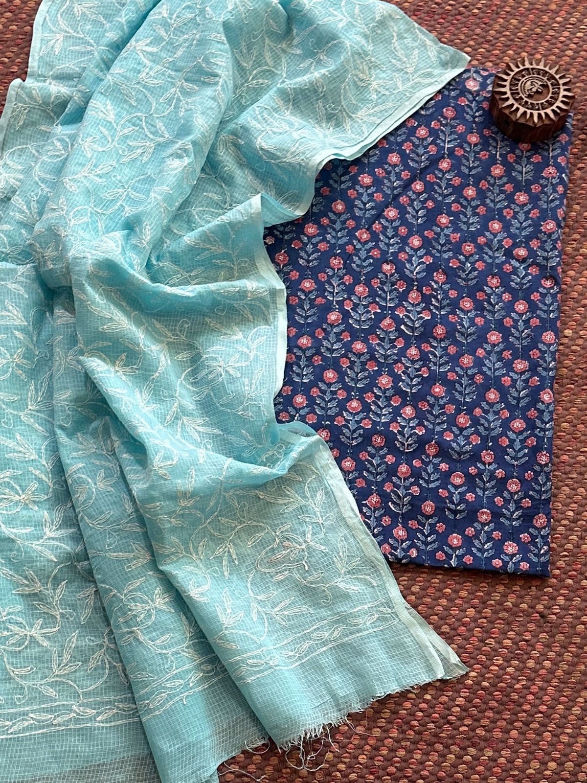 Pure Cotton Hand Blocked Fabric with Chikankari Dupatta