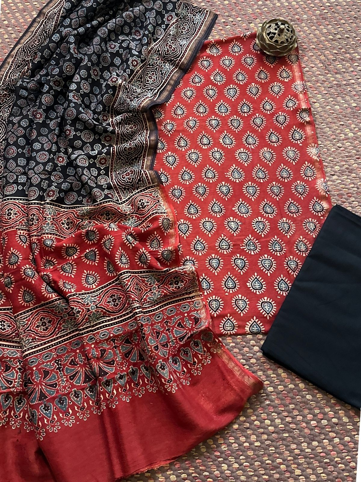 Hand-blocked Ajrak Maheswari Silk Unstitched Set