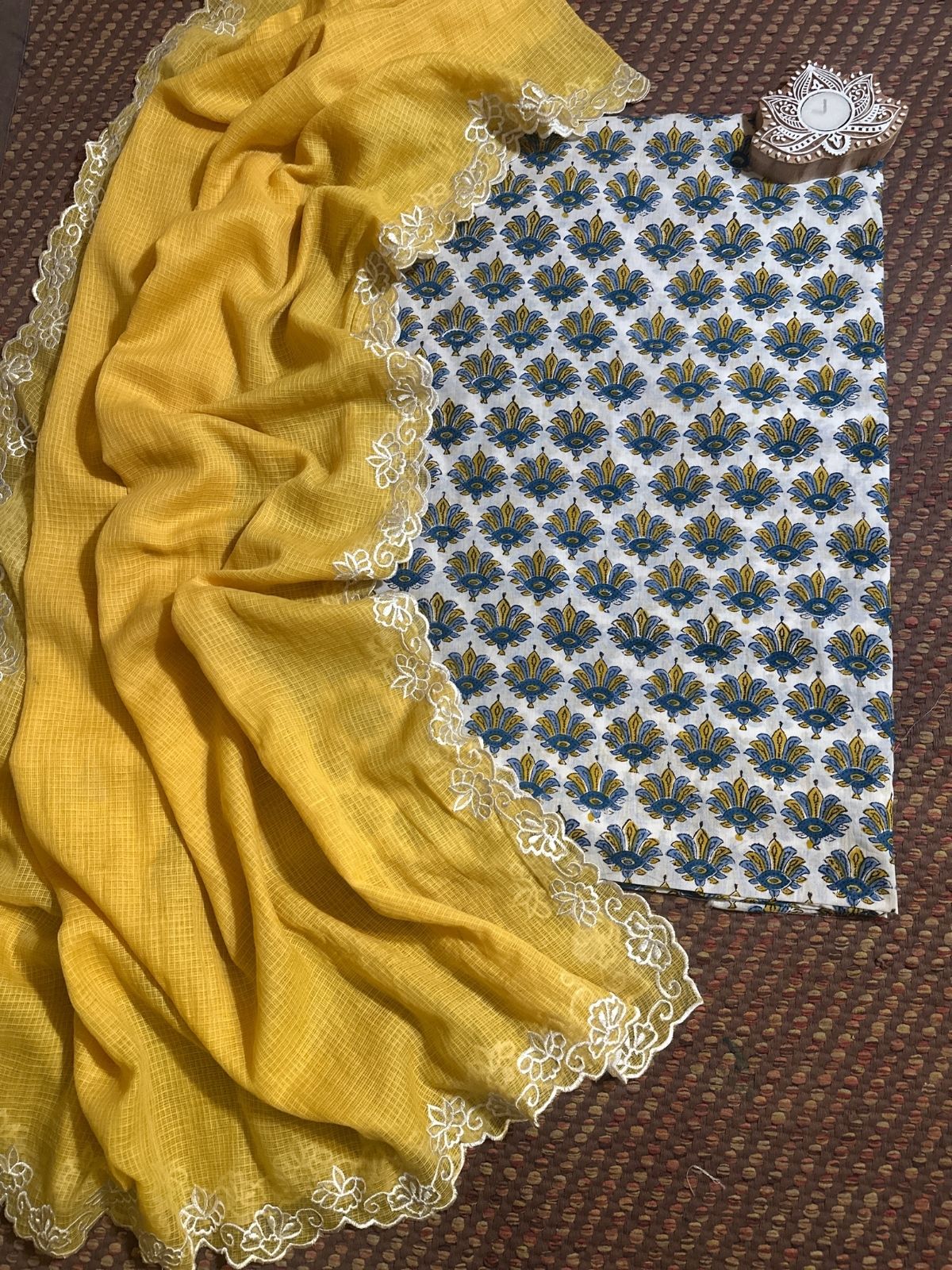 Pure Premium Cotton Malmal Handblock Fabric with Embroidered Dupatta.