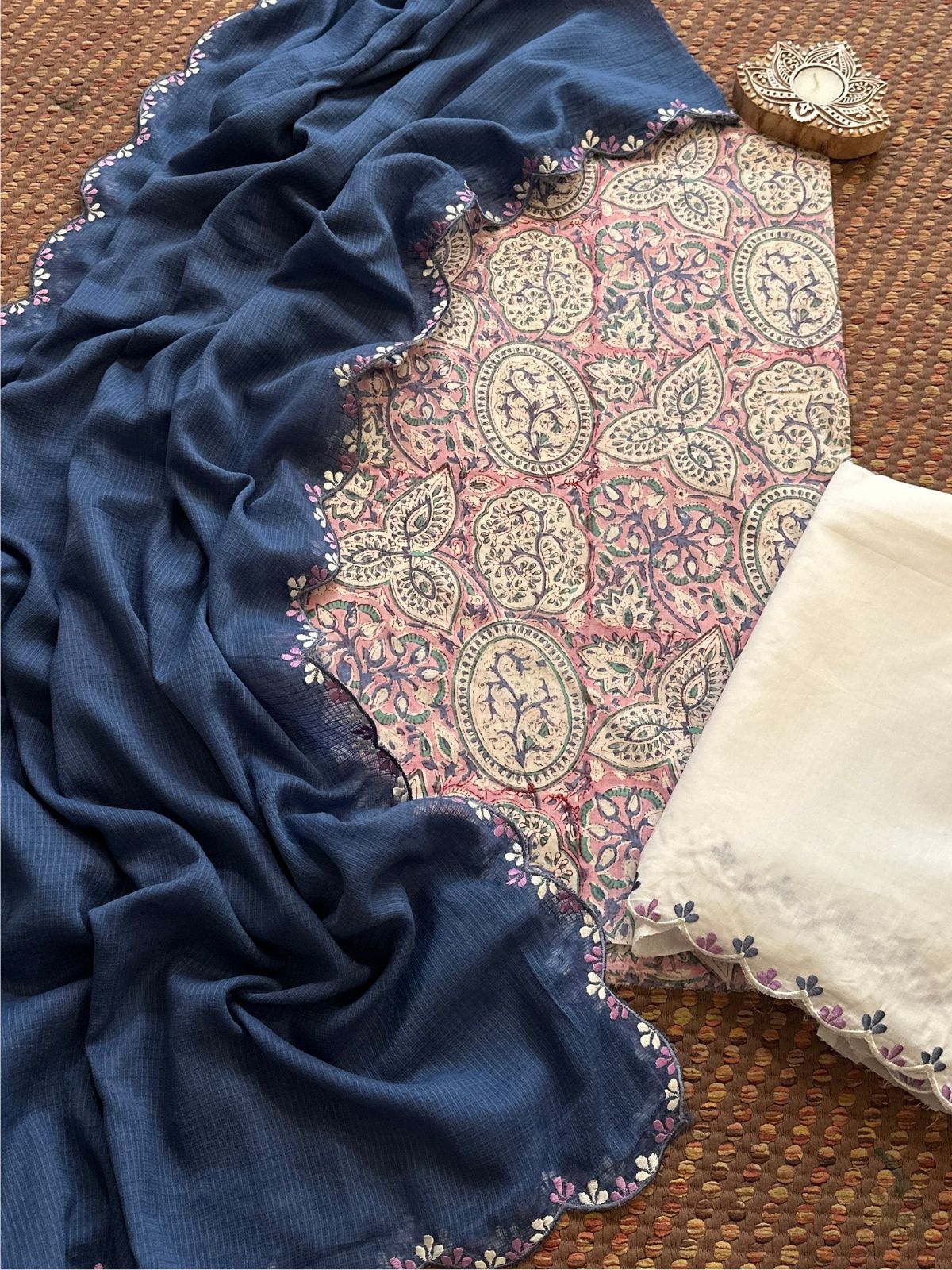 Pure Cotton Hand blocked Set with Embroidered Dupatta