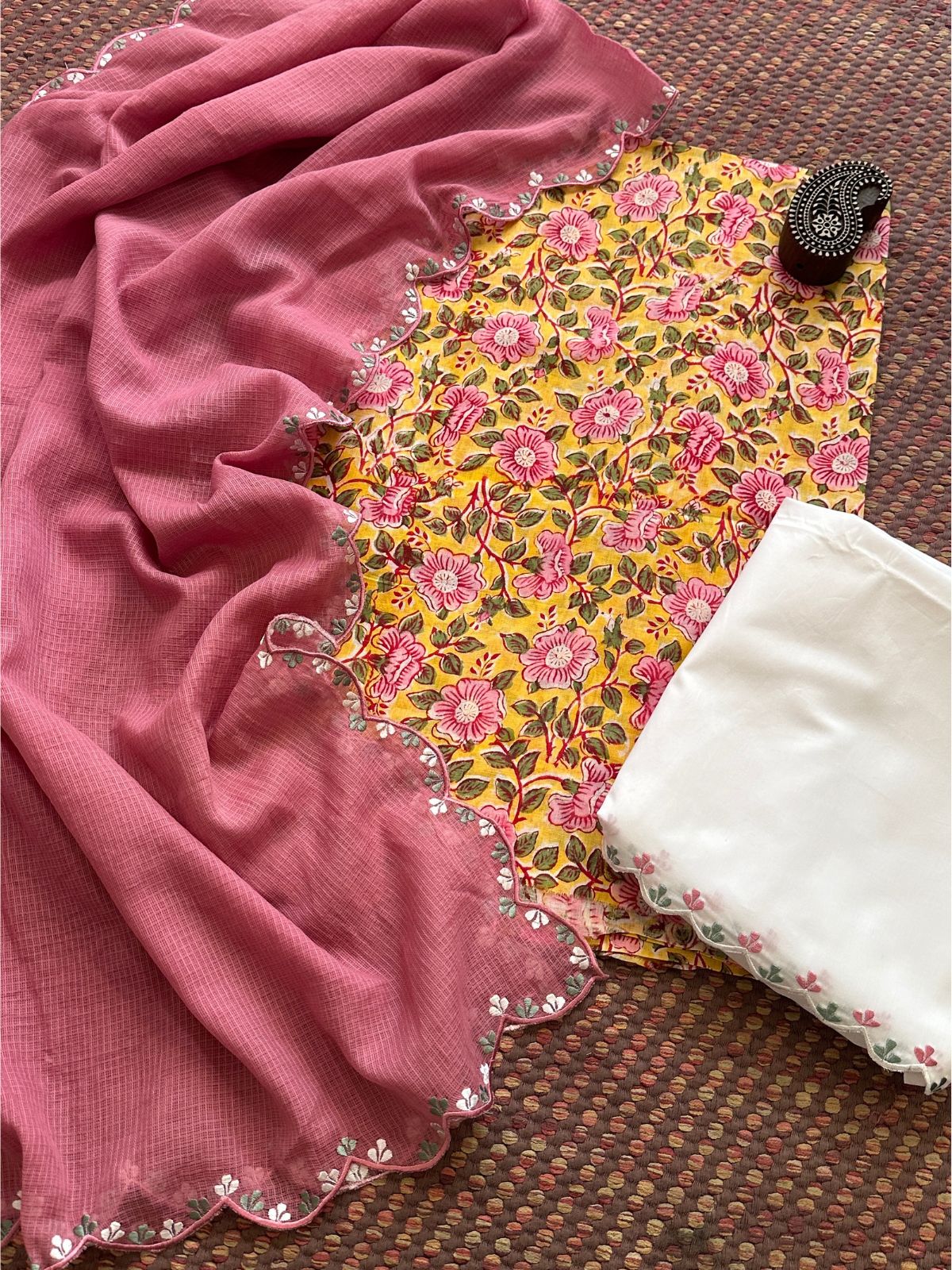 Pure Cotton Hand-block Fabric with Exclusive Embroidered Bottom & Kota Doria Dupatta