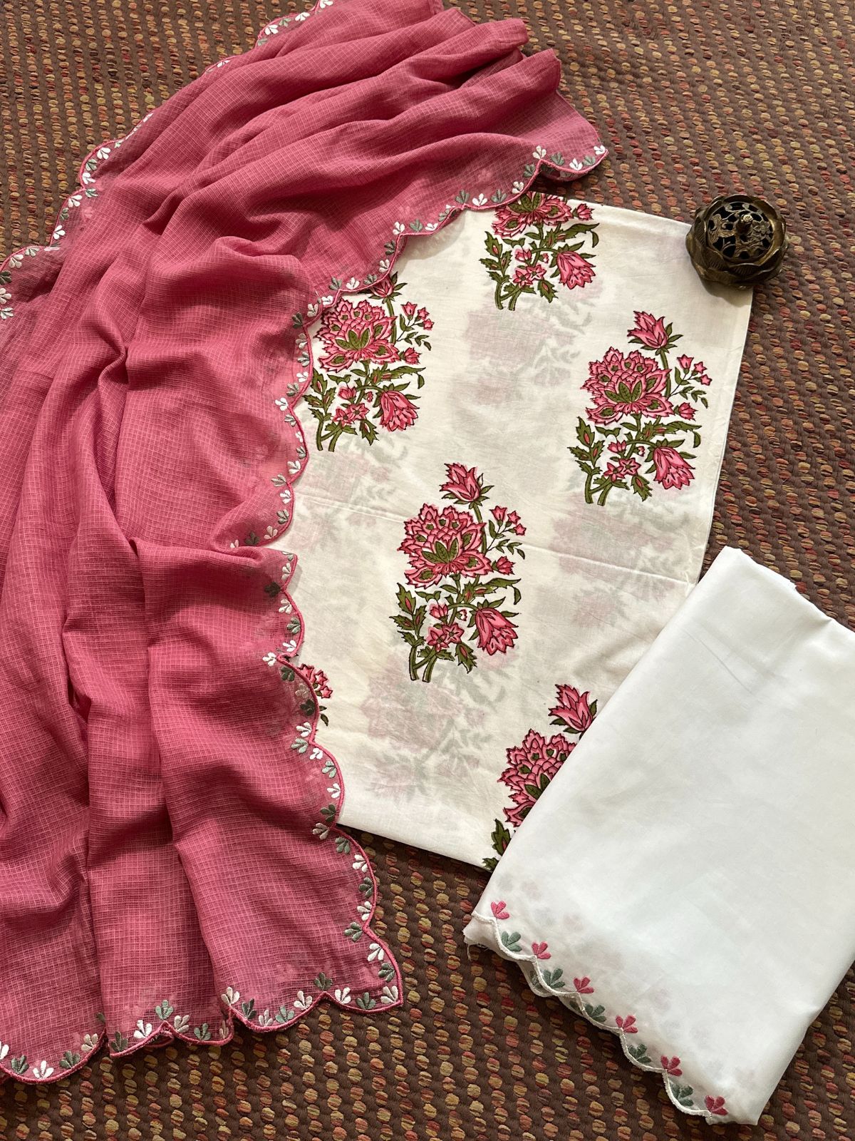 Pure Cotton Hand blocked Set with Embroidered Dupatta
