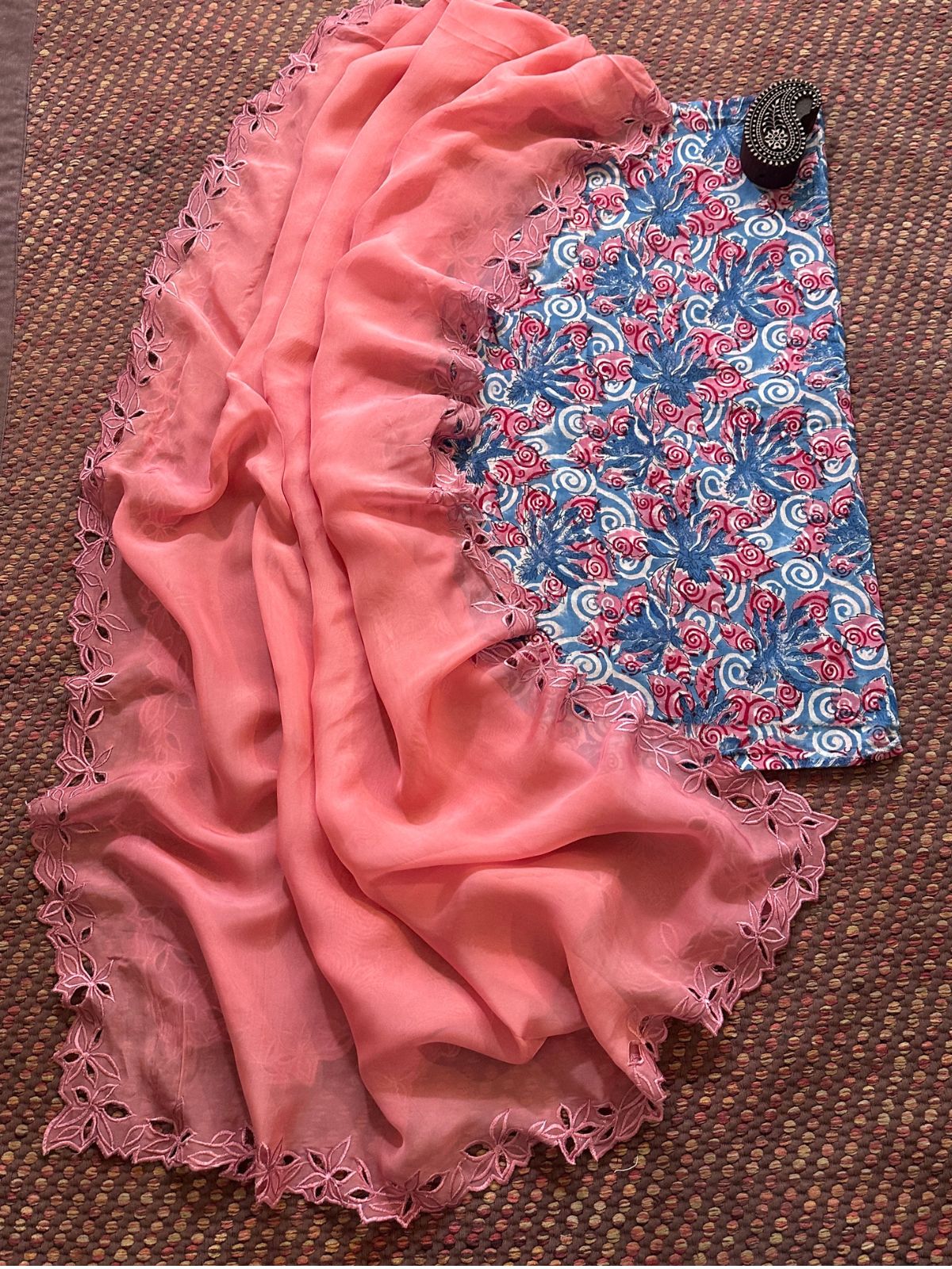 Pure Cotton Handblocked Fabric with Exclusive Cutwork Organza Dupatta