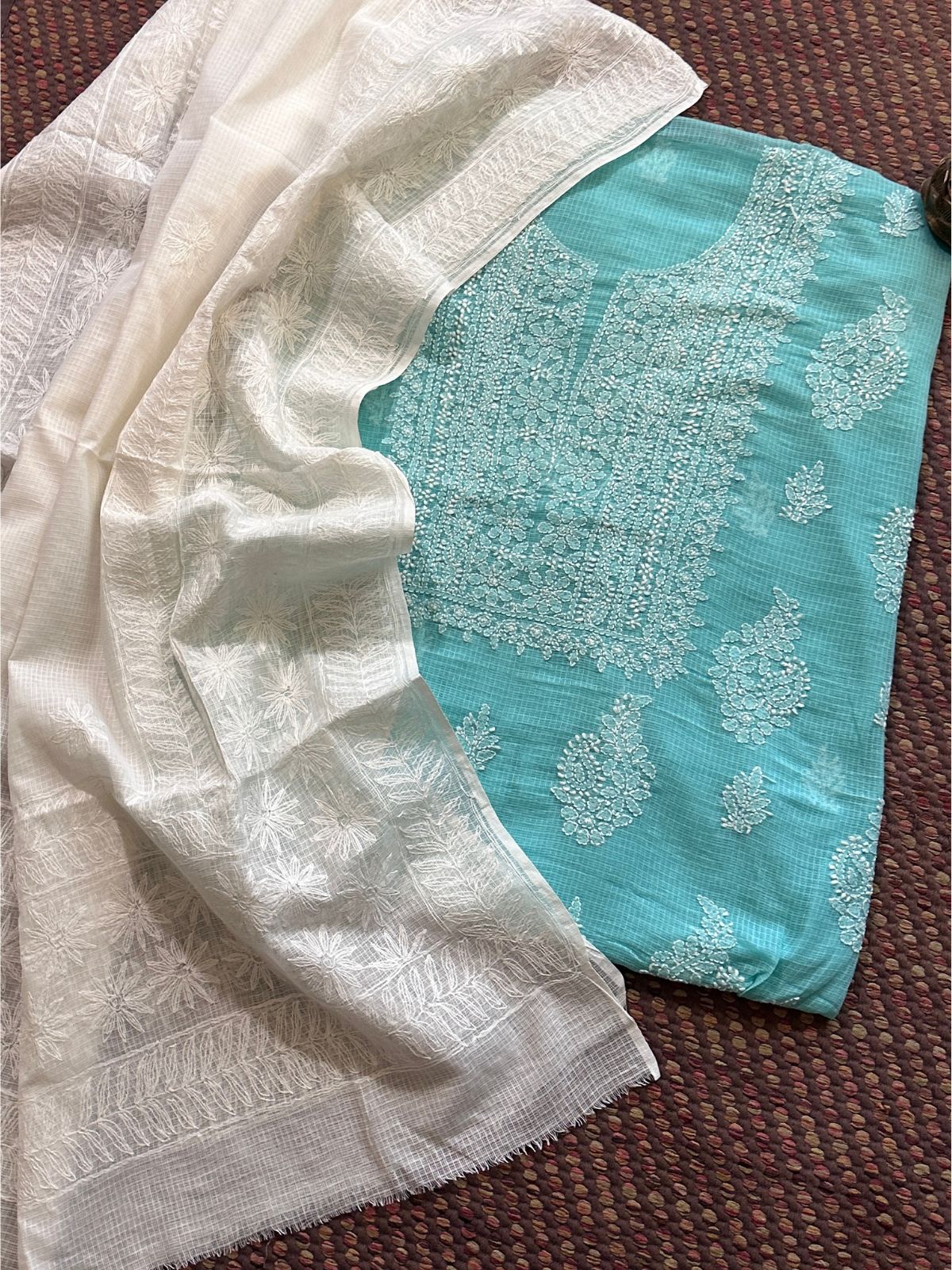 Chikankari Hand Embroidered Fabric with Kota Embroidered Dupatta