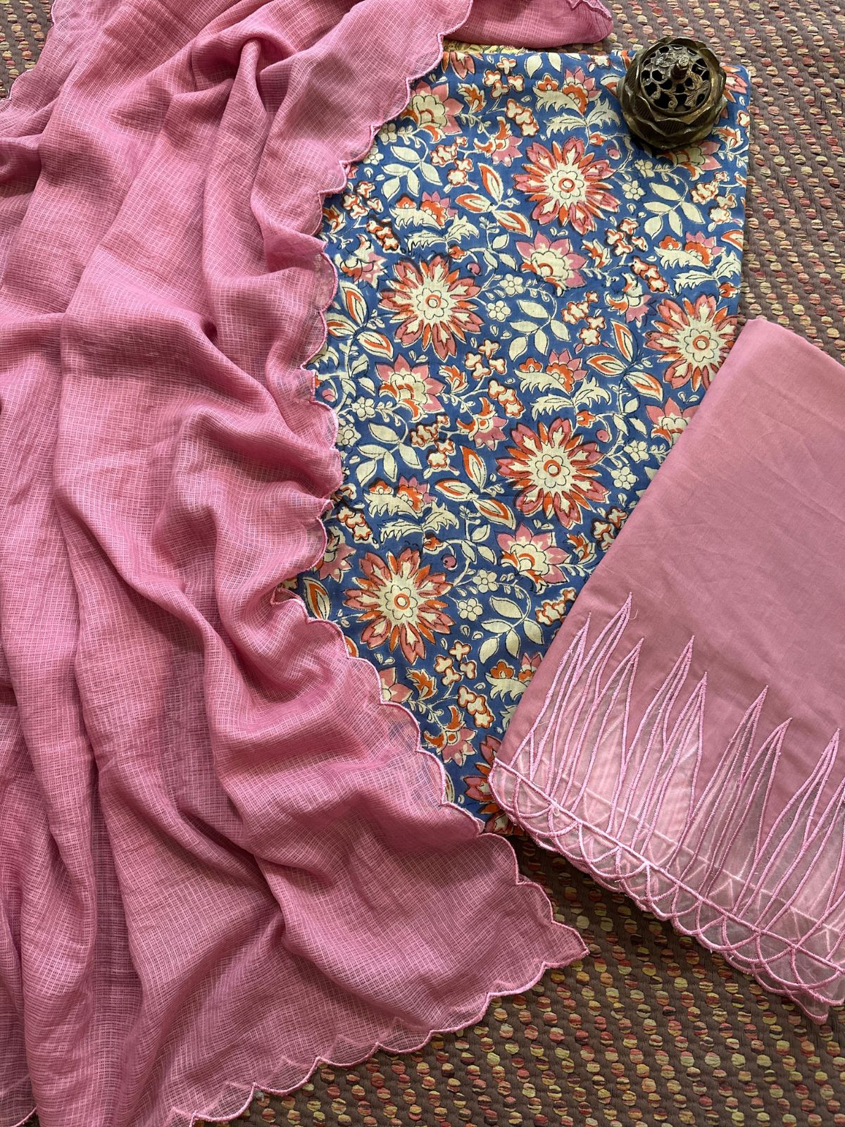 Pure Cotton Hand-blocked Fabric with Cutwork Bottom & Kota Doria Dupatta